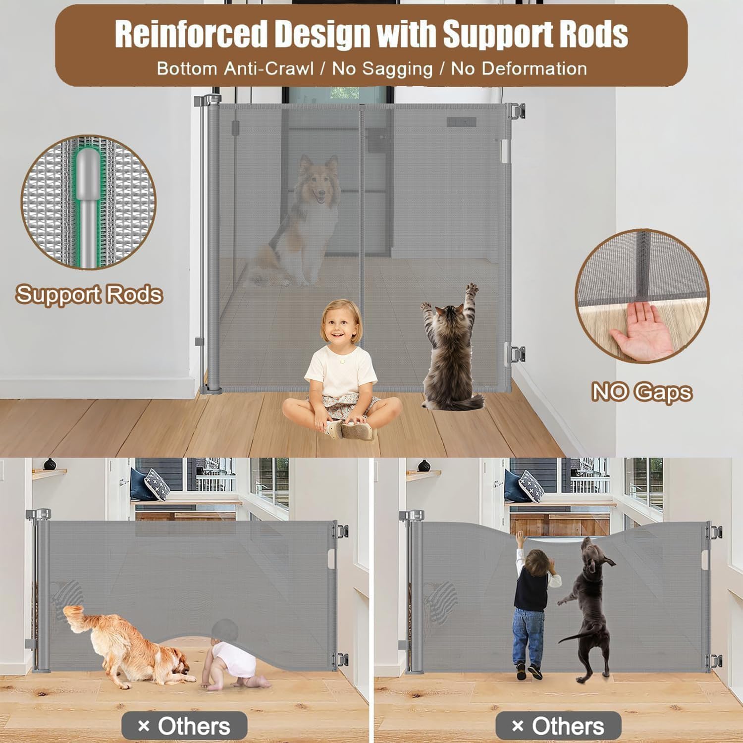 Reinforced 55" Extra Tall Dog Gates Indoor Cat Gate for Hallway - Prevents Jumping & Crawling Through, 55" Wide Retractable Gate, Mesh Pet Gates for Doorways Extra Tall Baby Gate for Cats, Gray