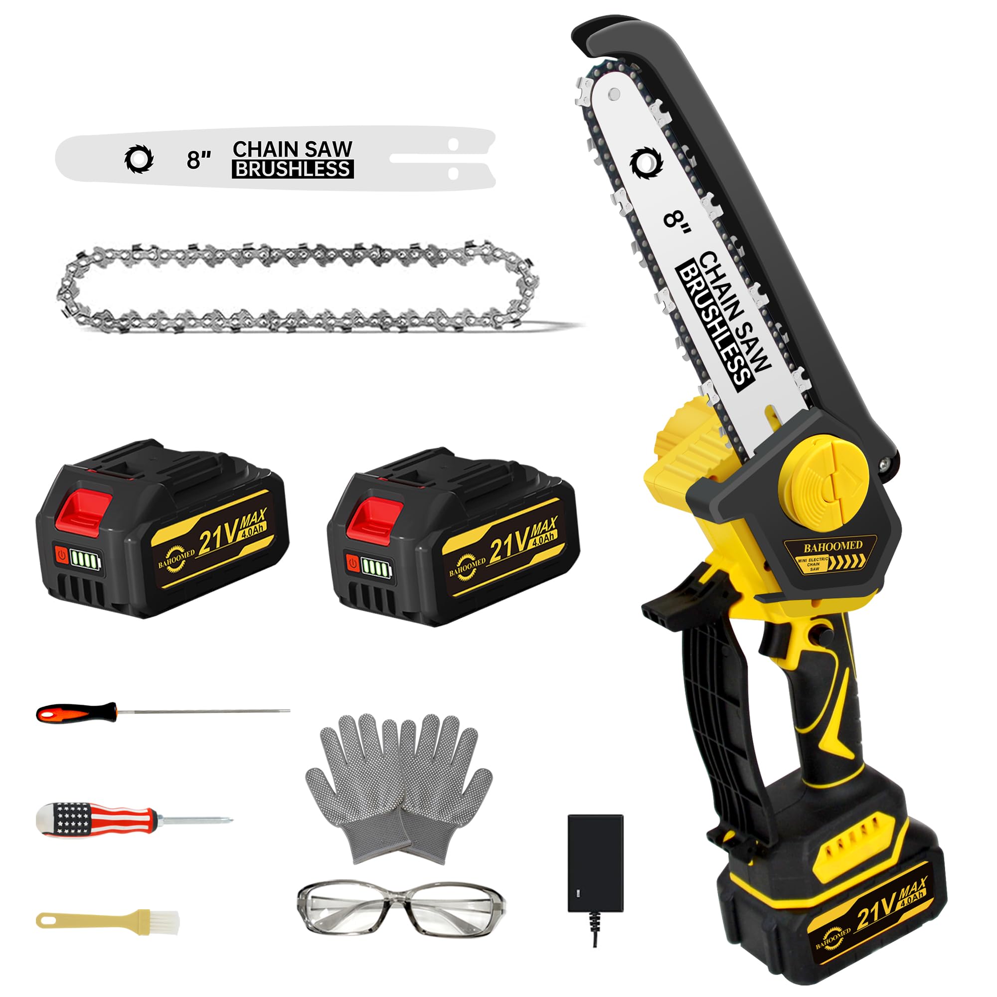 Mini Chainsaw - 8" Mini Cordless Chain Saws with Convenient Tension Adjustment Knob and Automatic Oiler System, Handheld Mini Chain Saw 21V 4Ah Battery Powered for Wood or Trees Branch Cutting
