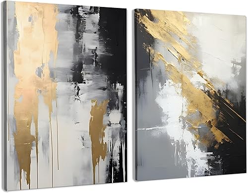 Juego de 2 arte abstracto de pared blanco negro y dorado, póster moderno de decoración de pared en blanco y negro para dormitorio, sala de estar,