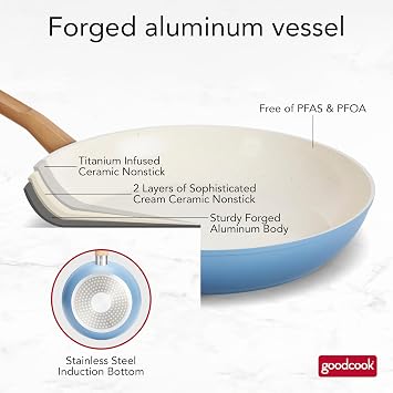 GoodCook 12-Piece Healthy Ceramic Titanium-Infused Cookware Set, Light Blue Pots, Pans, Steamer, Spoon & Turner Induction Cookware, Kitchen Pots & Pans Set, Nonstick Cooking Pan Set