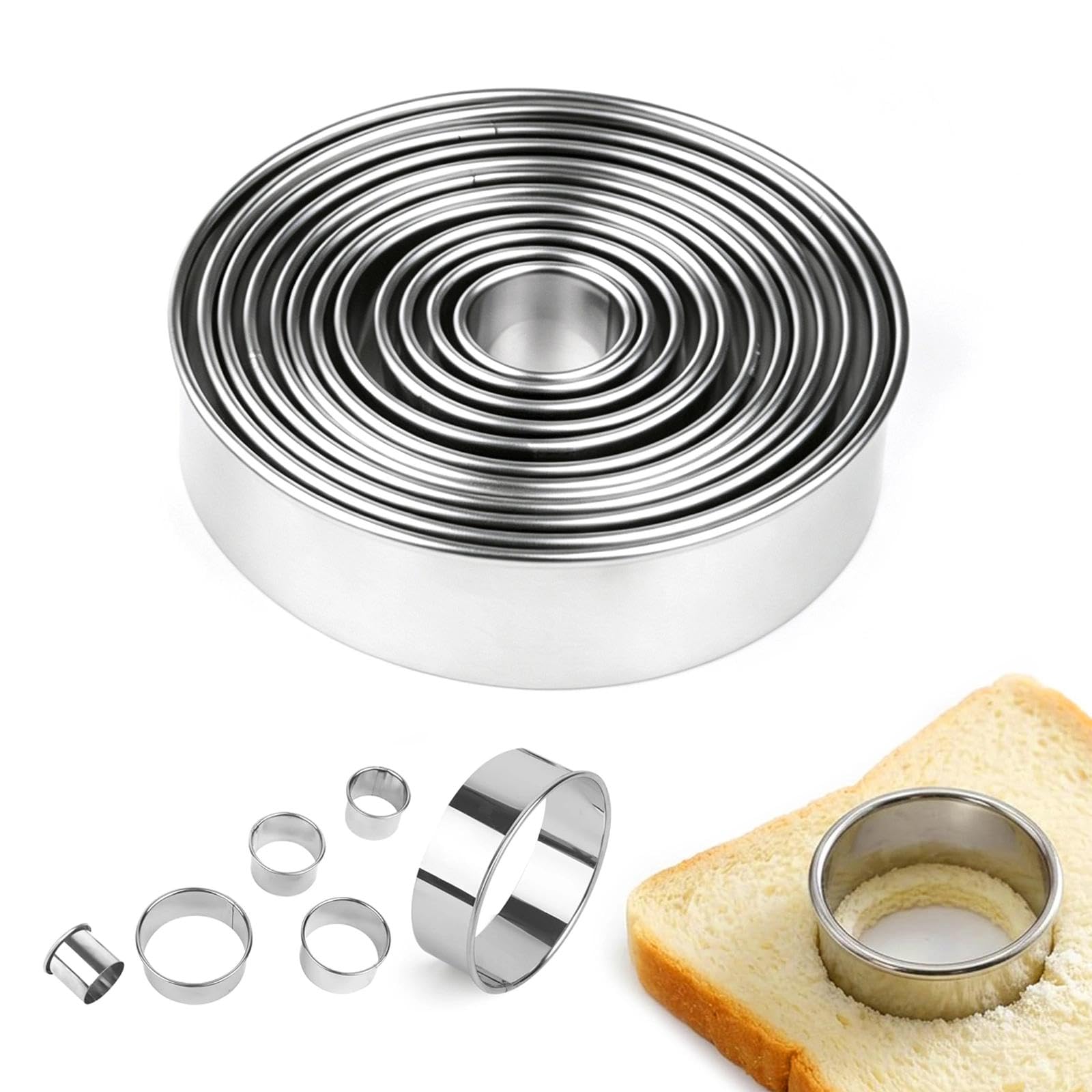 12 pcs Round Cookie Cutter Set, Stainless Steel Biscuit Cutters Set Graduated Circle Pastry Cutters Donut Cutter Ring Molds