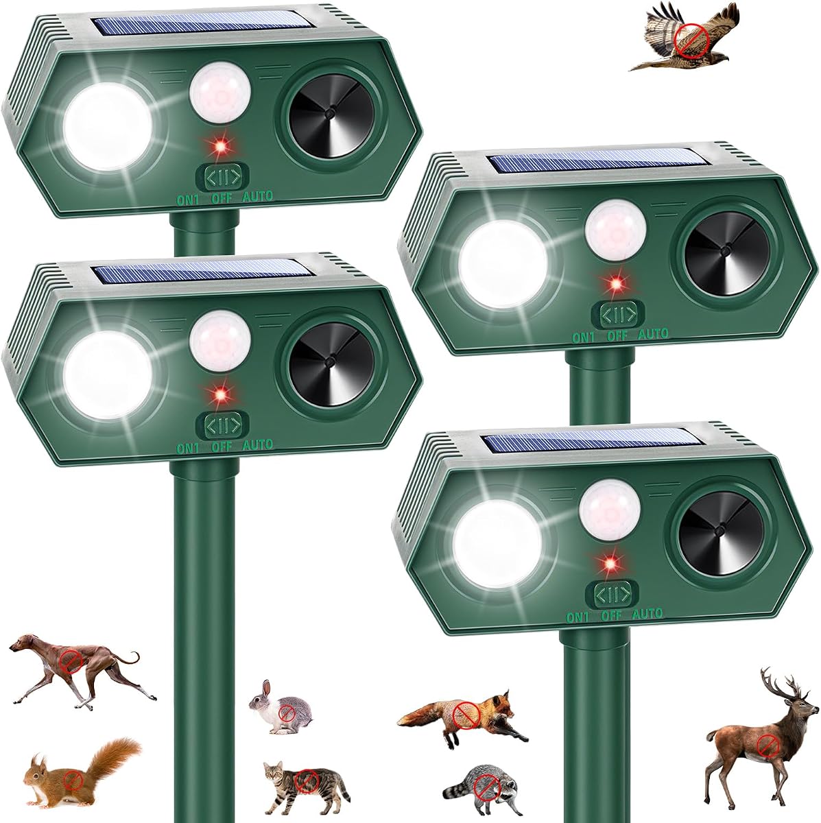 2026 Sonic Fortress Pro Dispositivos repelentes de ciervos, repelente solar ultrasónico de ardillas y mapaches, repelente de animales activado por movimiento al aire libre, luz disuasoria para gatos para asustar al perro zorrillo de conejo fuera del jardín (4)