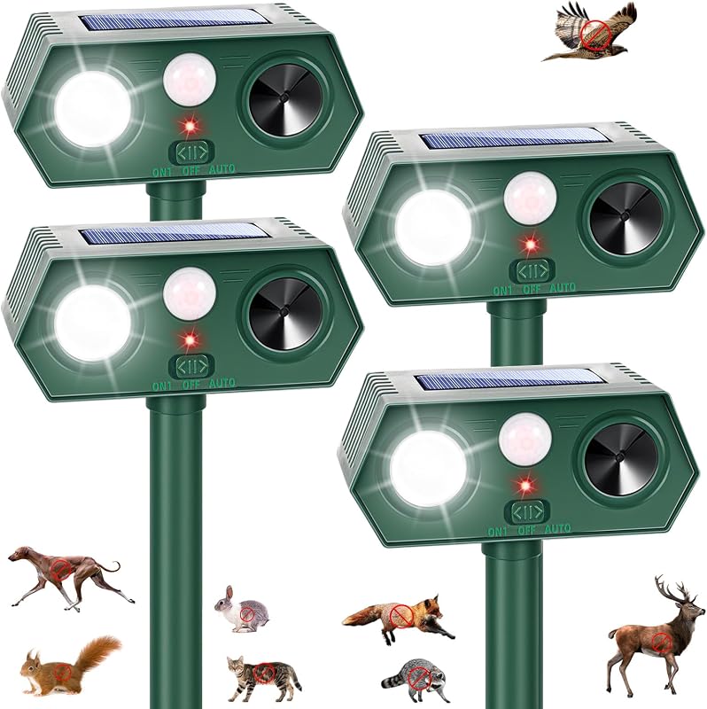 2026 Sonic Fortress Pro Dispositivos repelentes de ciervos, repelente solar ultrasónico de ardillas y mapaches, repelente de animales activado por movimiento al aire libre, luz disuasoria para gatos para asustar al perro zorrillo de conejo fuera del jardín (4)