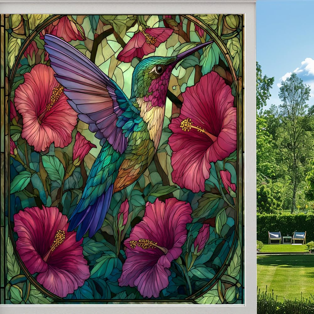 Abstract Hummingbird Frosted Window Film, Colorful Hibiscus Flower Bird Stained Glass Privacy Film, Heat Insulation Self-Adhesive Vinyl for Bathroom Office,（90x160cm）