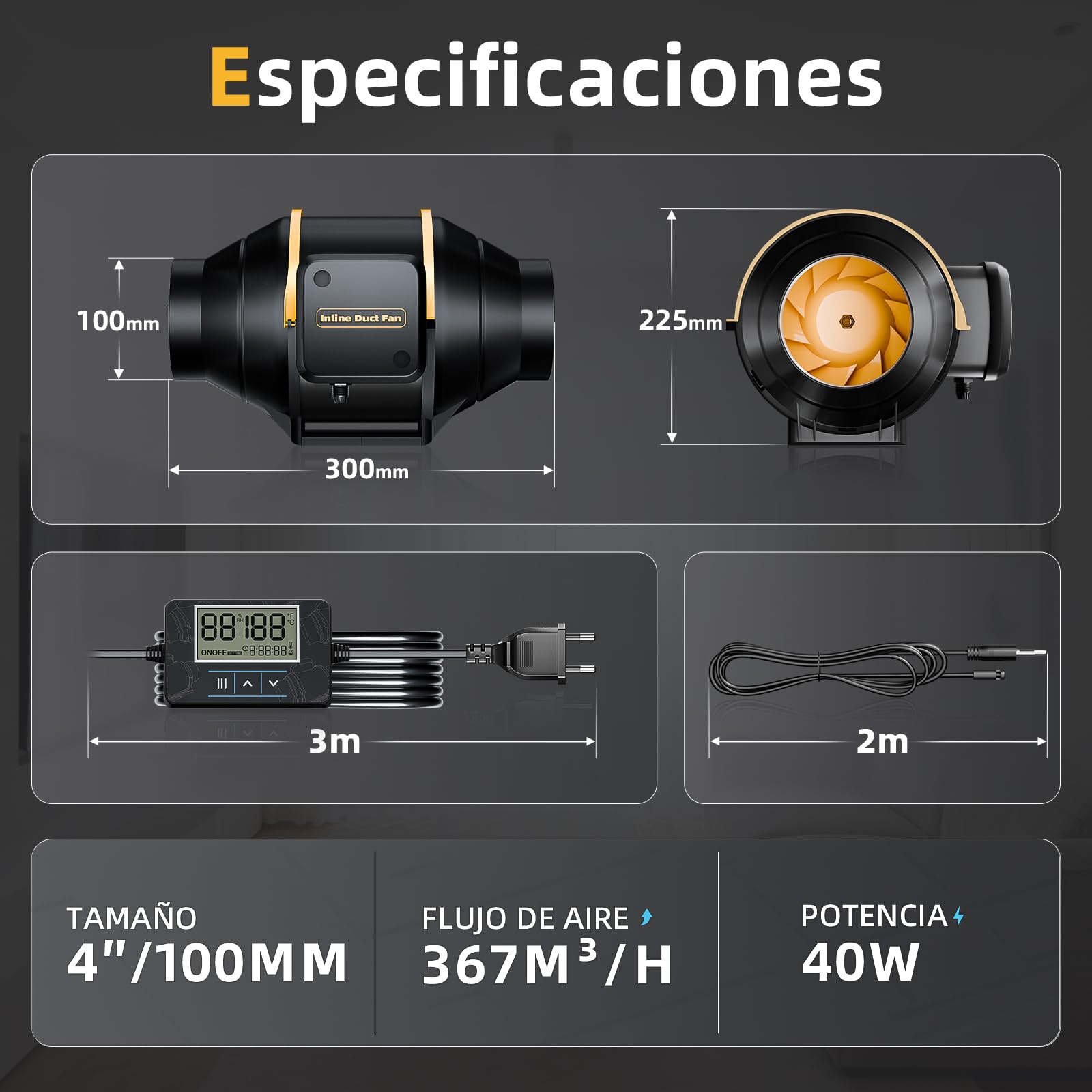 Inteligente Extractor de Aire 100mm, Temporizador, Regulador de Temperatura y Humedad, 367m³/h Extractor de Conducto en Línea, Equipos de Ventilación para Tienda de Cultivo