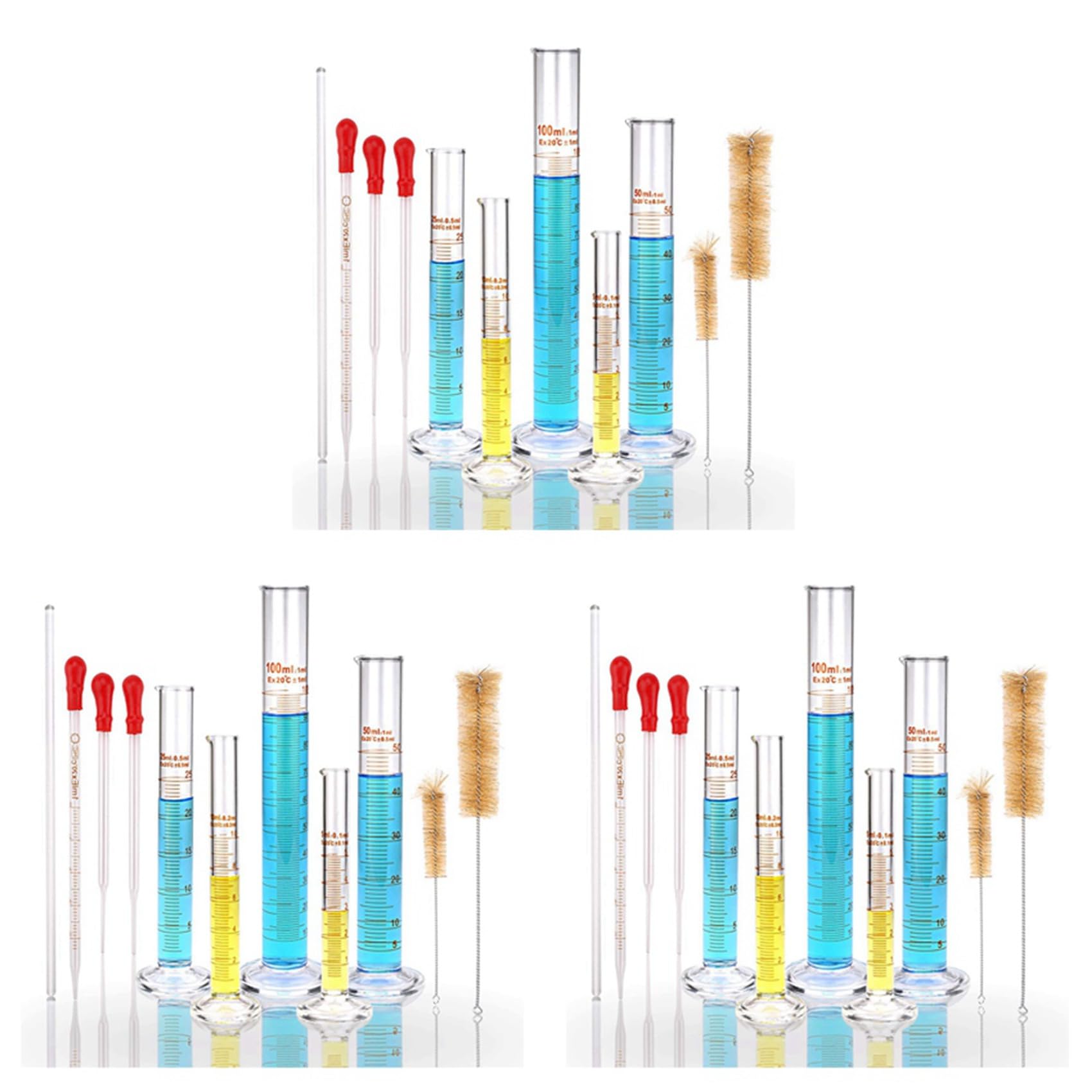 3X Glas Mess Zylinder Set, Premium Borosilikat Zylinder Kit mit 9 Pipetten + 6 Bürsten + 3 RüHr Stab