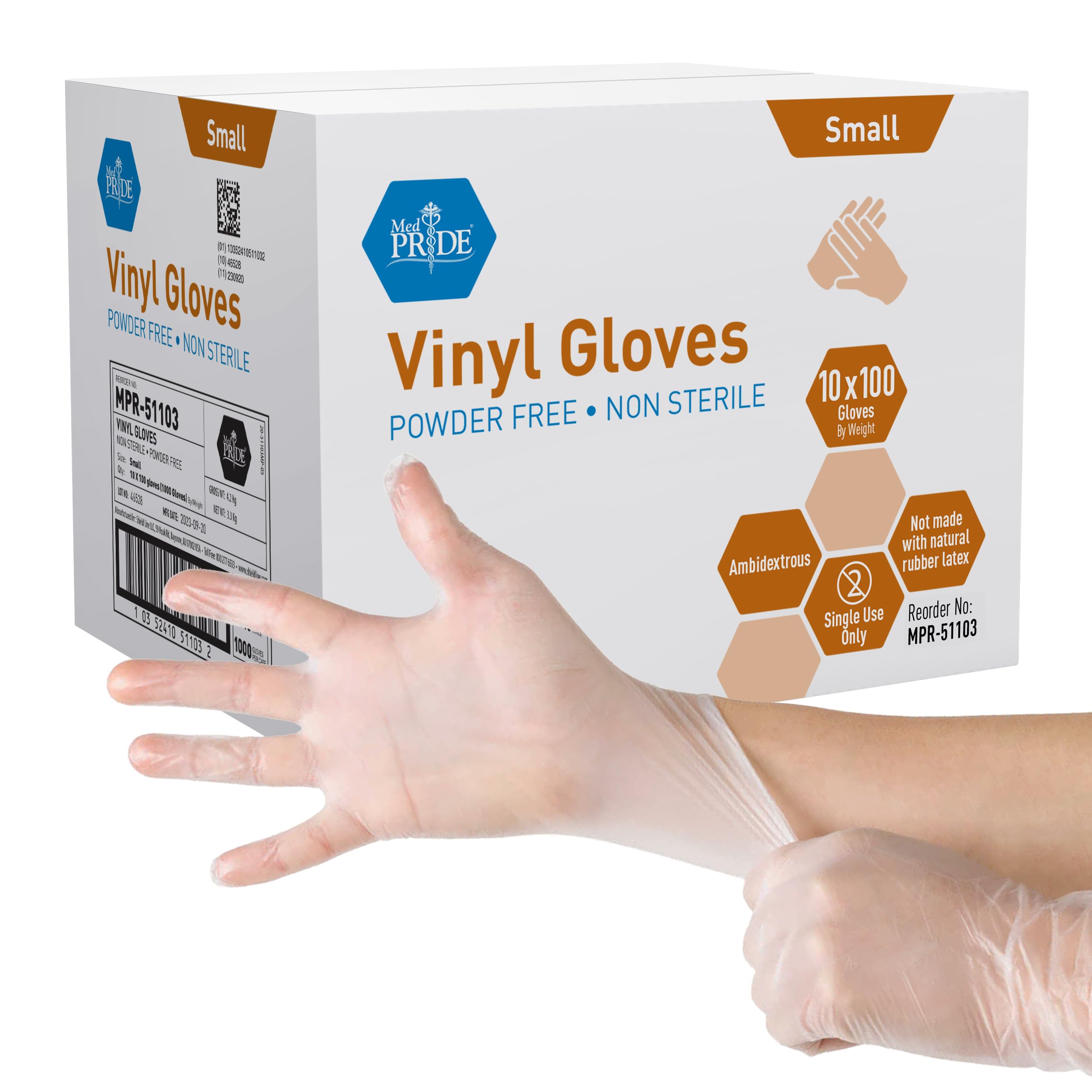 Med PRIDE Vinyl Gloves| Small Case of 1000| 4.3 mil Thick, Powder-Free, Non-Sterile, Heavy Duty Disposable Gloves| Professional Grade for Healthcare, Medical, Food Handling, and More