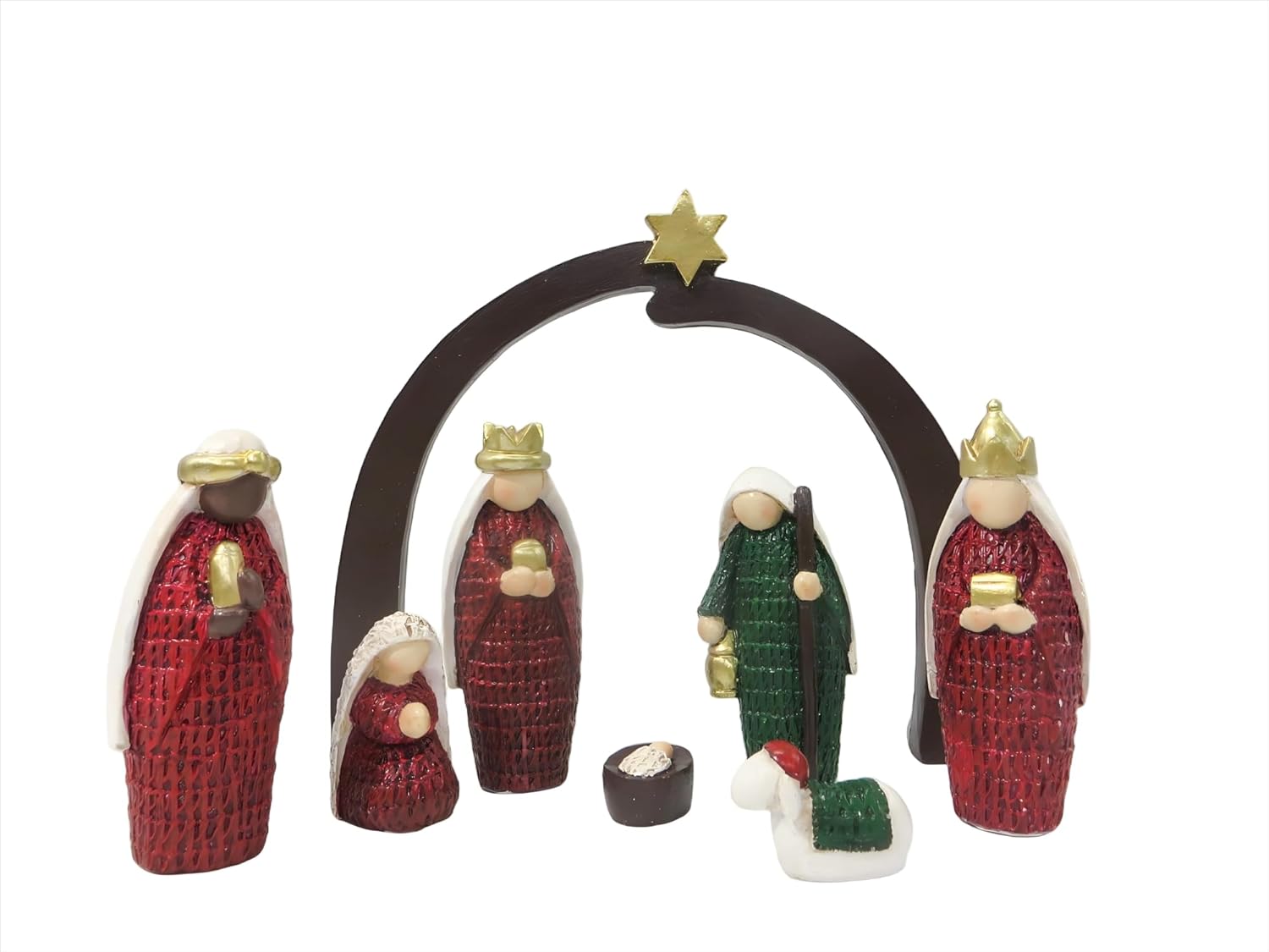 Christmas Nativity Scene Set Combination Traditional Figurine Collection with Red and Green Textured Design Gold Accents (KI250714 (7.9IN*2.4IN*6.9IN))
