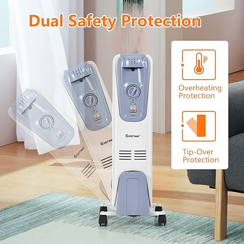 Miniatura 4 de COSTWAY Calentador de radiador lleno de aceite, calentador de espacio portátil de 1500 W con termostato ajustable, 3 ajustes de calor, protección