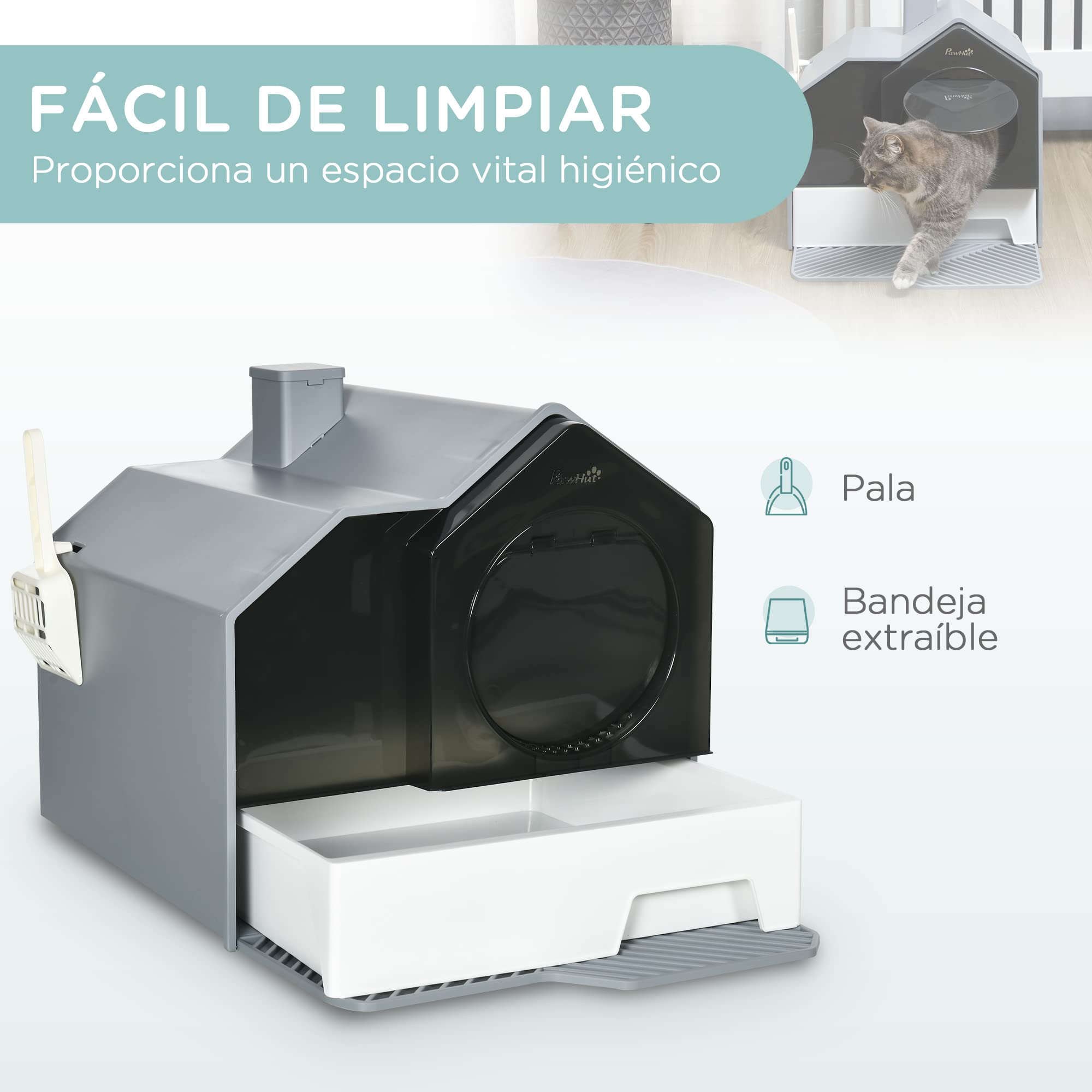 PawHut Arenero Cubierto para Gatos Bandeja Extraíble 47x45x42 cm Gris | Caja de Arena Cerrada para Gatos, Pala, Pedal Exterior, Filtro Desodorizante
