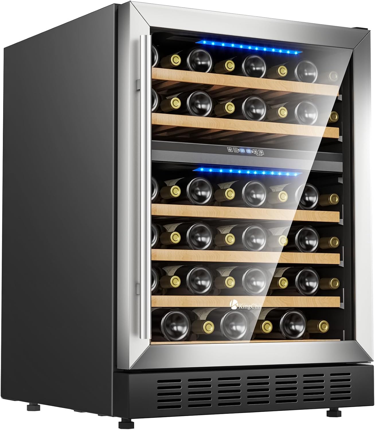 KingChii 24 Inch 46 Bottle Dual Zone Wine Cooler Refrigerator Professional Compressor, Stainless Steel & Tempered Glass For Red Wine, Champagne - Built-in or Freestanding for Home, Kitchen, or Office