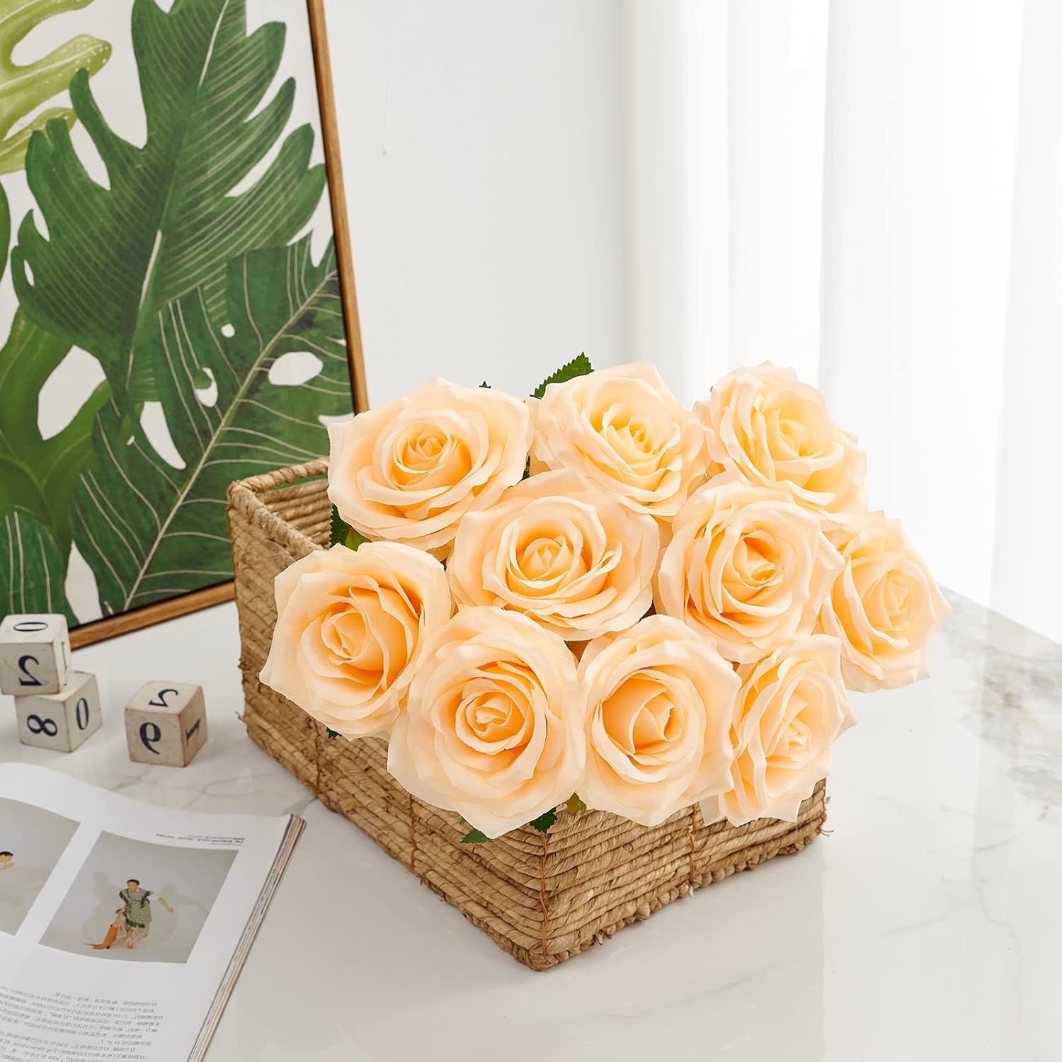 Artificial Rose 10pcs Open Flower Bouquet Faux Rose Stems for Wedding Arrangement, Bridal Bouquet, Centerpiece, Fake Faux Silk Flowers (Champagne) - Image 3