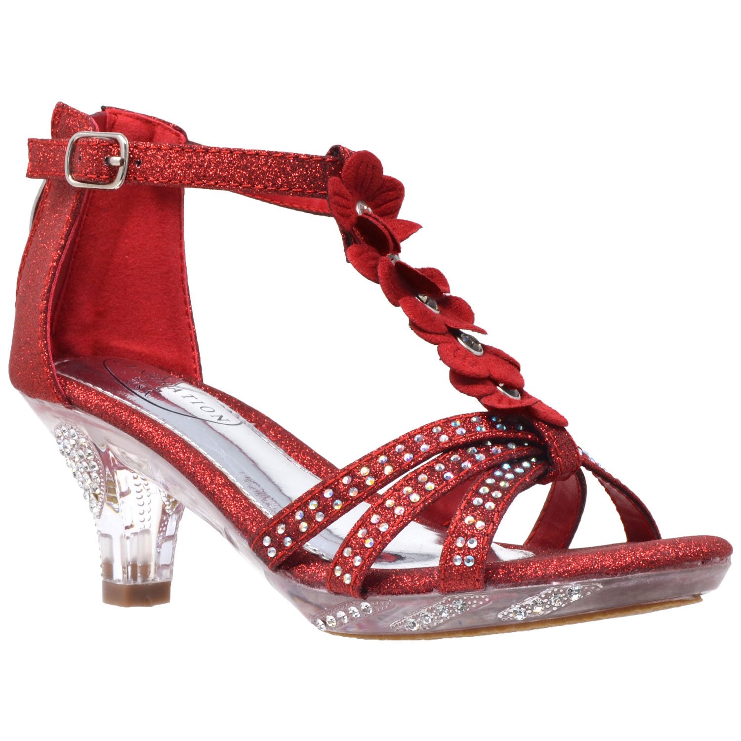 Generation Y Kids Heel Sandals T-Strap Flower Glitter Rhinestone Clear Low Heels Girl dress shoes