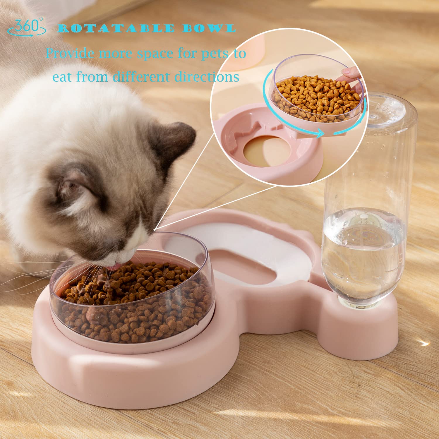JiangYanus Erhöhte Katzennäpfe, 15° gekippt Welpen Katzenfutter und Wassernapf Set mit Automatischem Wasserspender Flasche Katzennapf für Katzen Kleine Mittlere Hunde (Rosa)