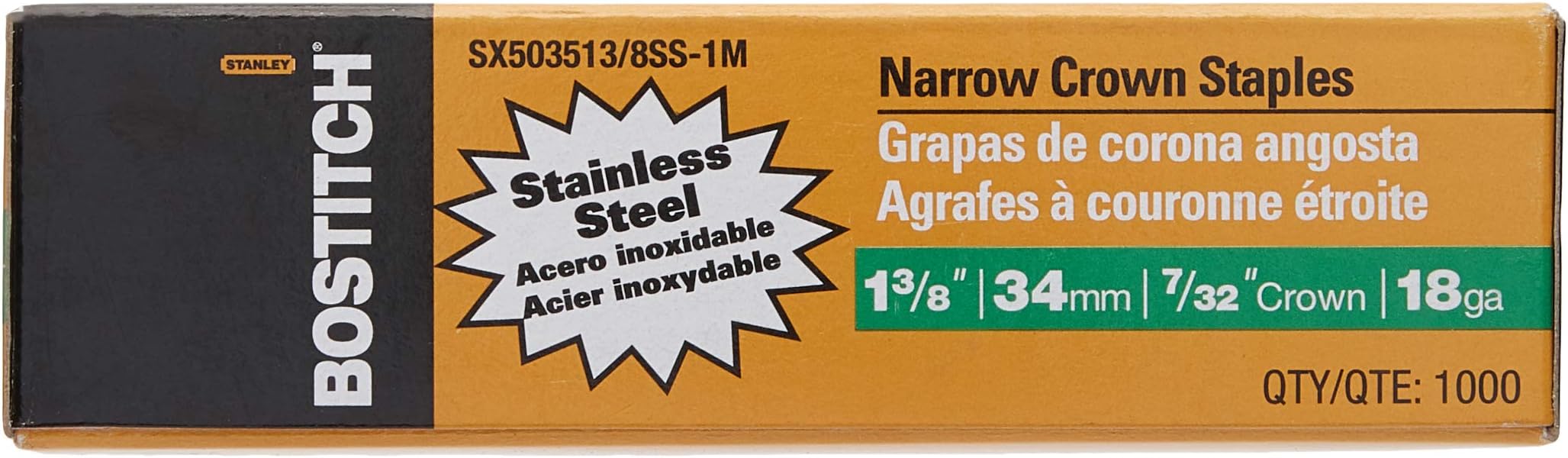 Bostitch Sx503513/8ss-1m 1-3/8"leg 18-gauge 7/32" Narrow Crown Stainless Steel Staples(1000)