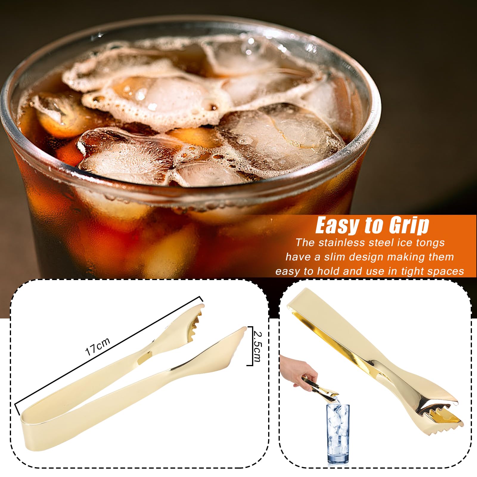 Ice Tongs Food Grade Thicken Stainless Steel Prevents Slipping Sugar Food Tweezers for Home Kitchen Bar Mirror Ice Bucket Party Coffee Bar (Gold Plated)