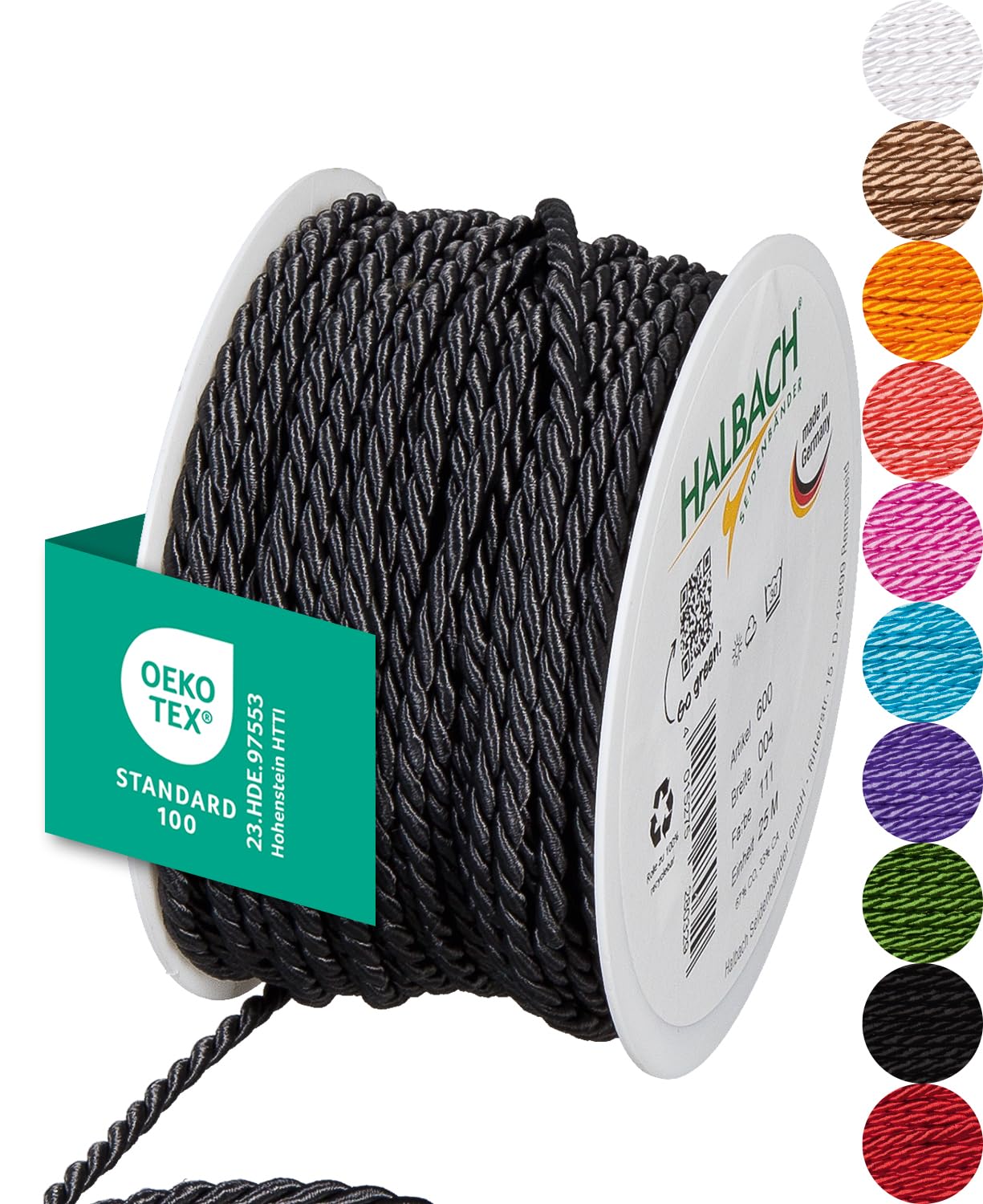 Halbach Seidenbänder Premium Kordel (anthrazit) | Breite 4mm Länge 25m | Made in Germany & Öko-Tex Zertifiziert | glänzende Satinkordel aus Acetat