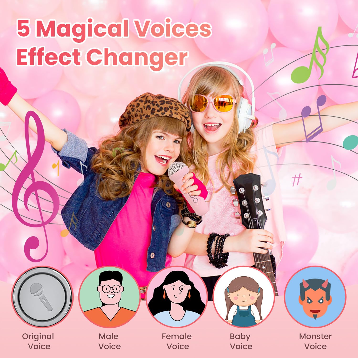 AIUNAOM Macchina per Karaoke con 2 Microfoni Senza Fili per Bambini, Cassa Bluetooth Portatile con LED ed Effetti Sonori - Regalo di Natale Ideale per Ragazze 3-12 Anni