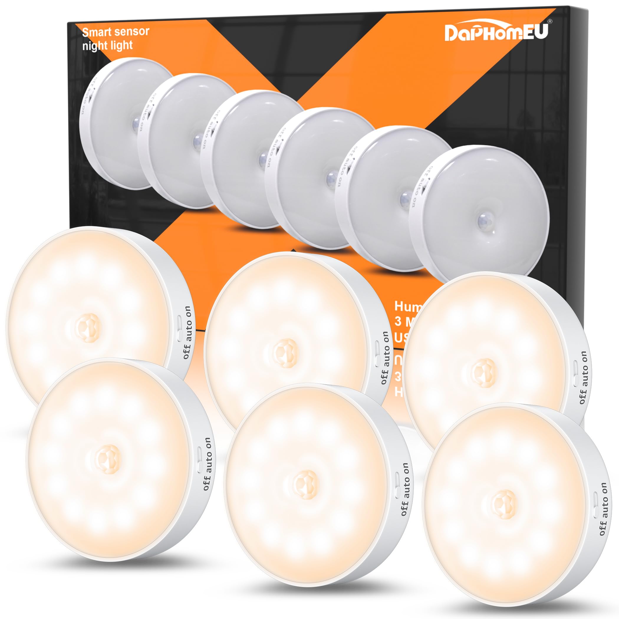6 Pack Luz Led Nocturna con Sensor de Movimiento,12 LED, Lámpara LED Recargable USB, Luz Nocturna para pared, iluminación de armario, sensor de movimiento interior para escaleras, dormitorio, cocina.
