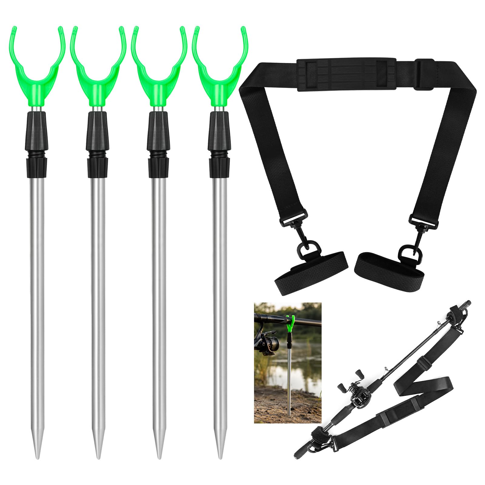 4PCS Fishing Rod Holder Set Adjustable Extending Bank Sticks, Aluminium for Bank Ground Sand Sea Lake River Anglers with Velcro Fishing Gear Straps