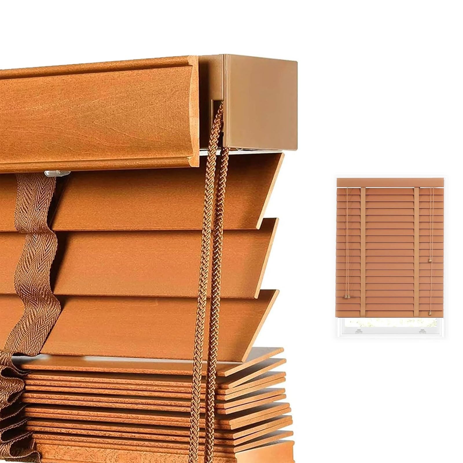 Blackout Wood Venetian Blinds 55cm 60cm 80cm 90cm 100cm 110cm 120cm 130cm 160cm Wide Horizontal Blinds Shutters for Windows 50mm Slats Venetian Blind Easy Fit Curtains(Brown)