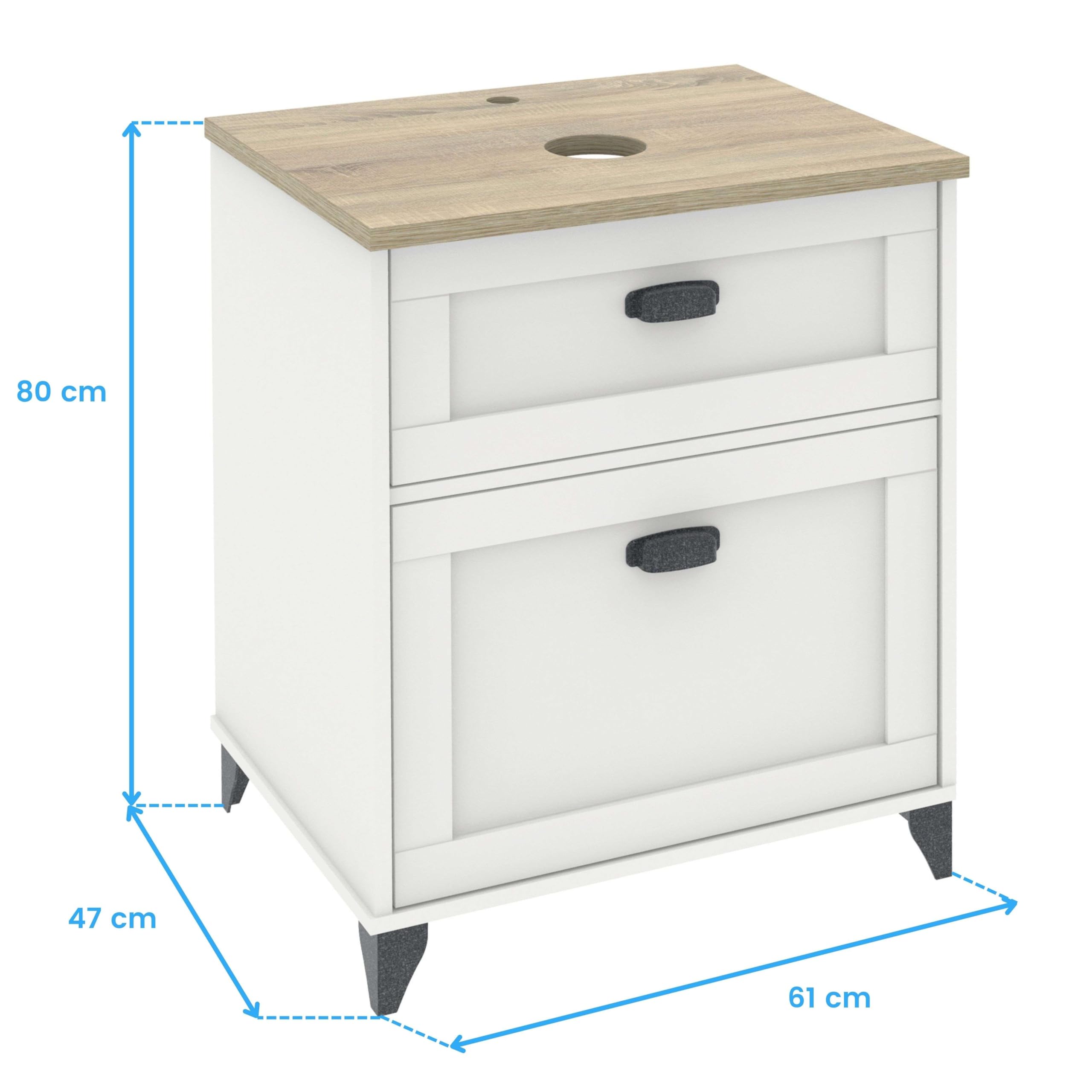 MUEBLES PITARCH Mobile da bagno 60 cm larghezza con gambe, cassetto guide chiusura morbida, 1 porta, per lavabo da sovrapposizione, bianco e rovere cambriano, stile vintage modello Toscana