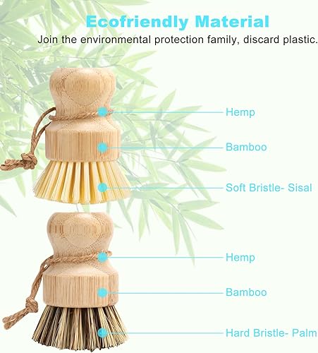 Miniatura 9 de Aisuly - Juego de 4 cepillos para platos de bambú cepillo para limpiar platos de madera de palma cepillos para platos de burbujas cepillo para