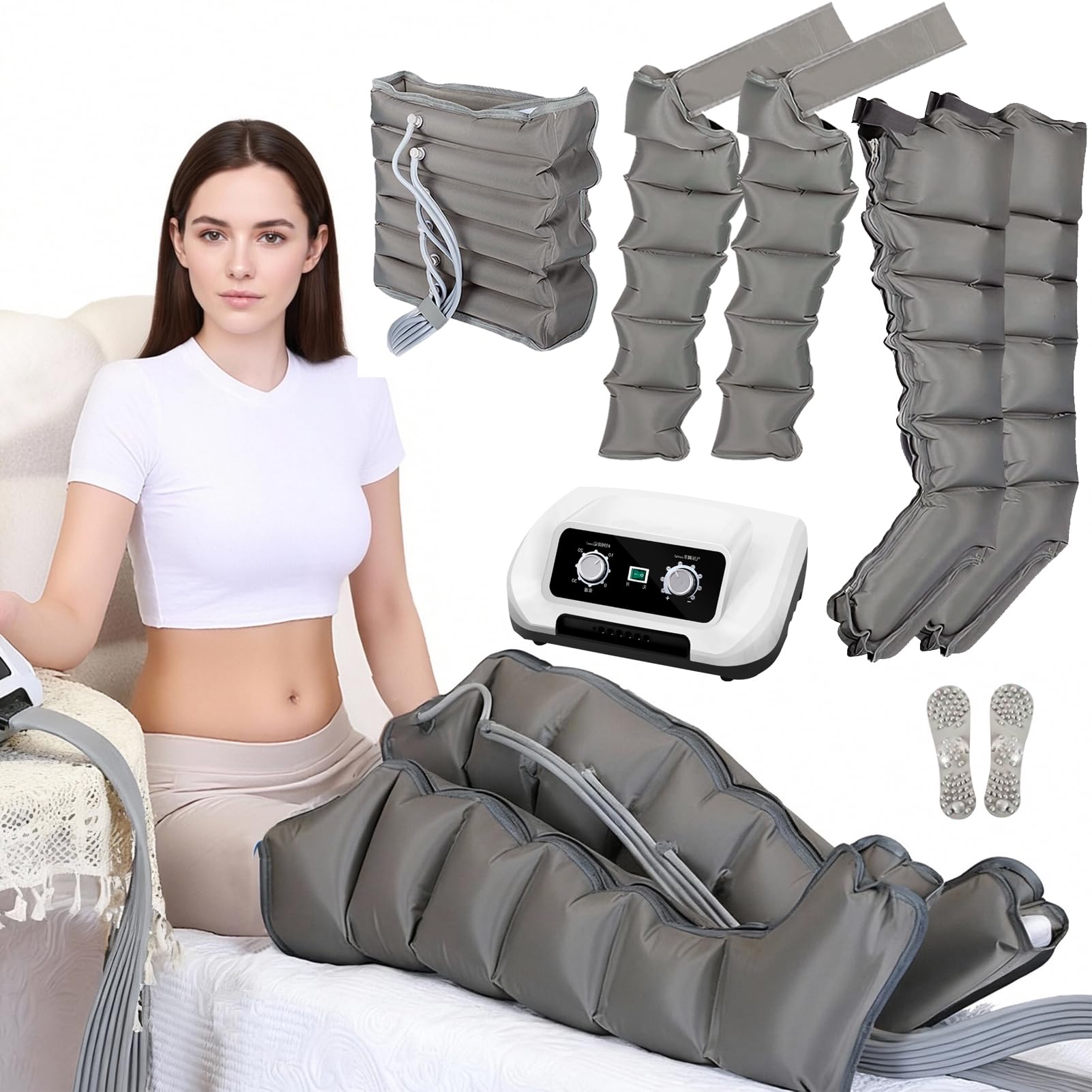 Kompresyjny Masażer Nog, 6 Wgłębień XXL Elektryczny Drenaż Limfatyczny Masażysta Do Nogi, Ramion i Talii Pressoterapia Buty regeneracyjne (Szary, 2legs+2arms+Waist)