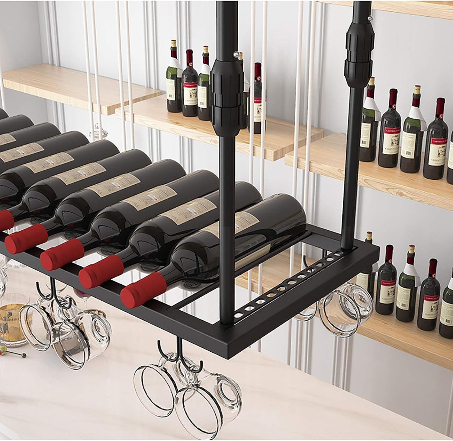 Cup Storage Holder,Adjustable Metal Wine Rack, 30-60Cm Height, Hanging Wine Glass & Bottle Holder, Stylish Iron Wine Shelf with Cup Holders for Home Decor, Space-Saving W,100x30cm