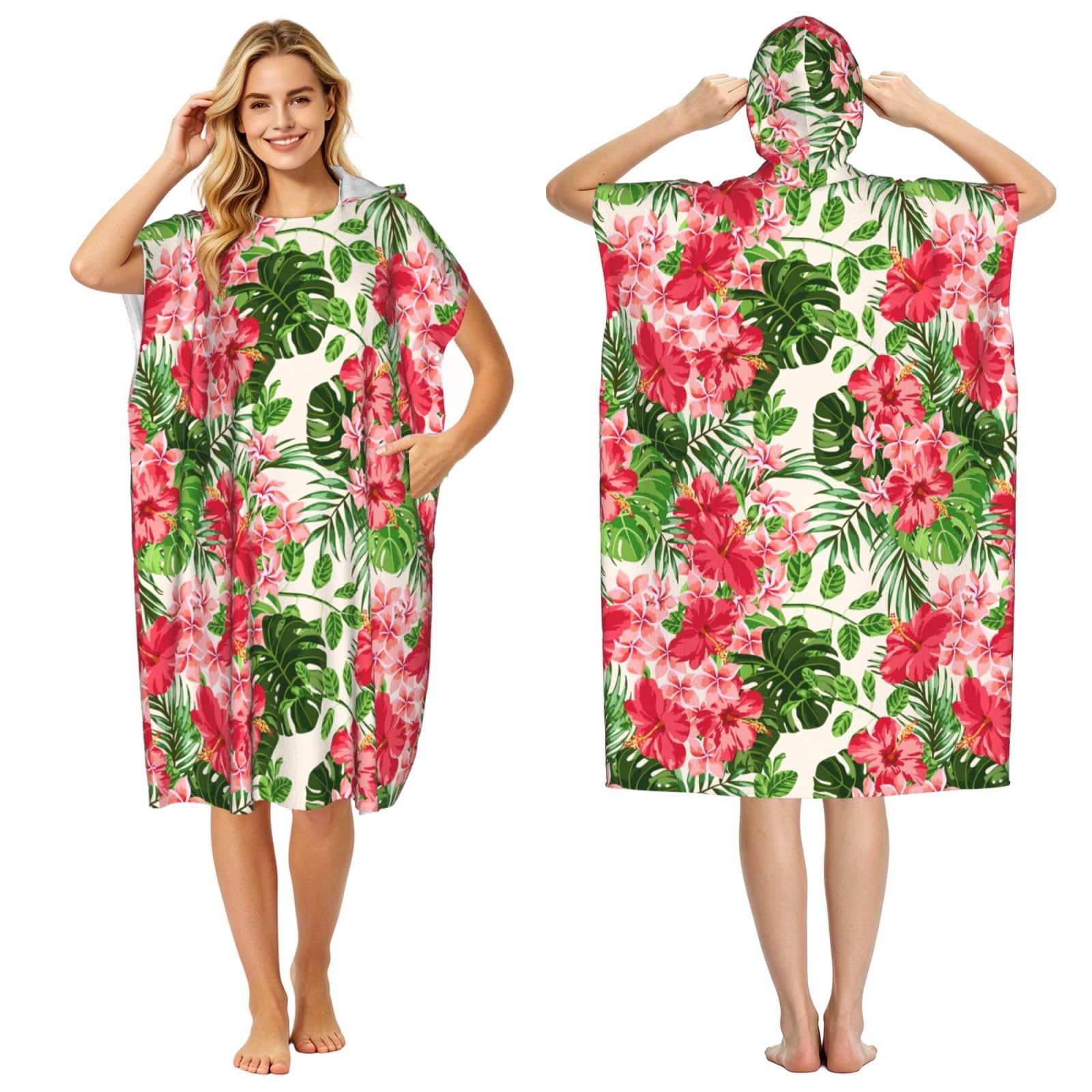 Poadnly Exotic Tropical Leaves Flowers Floral Vintage, Adult Hooded Beach Towel 90 x 110 cm,Changing Bath Robe, Surf Poncho Towel For Women Men