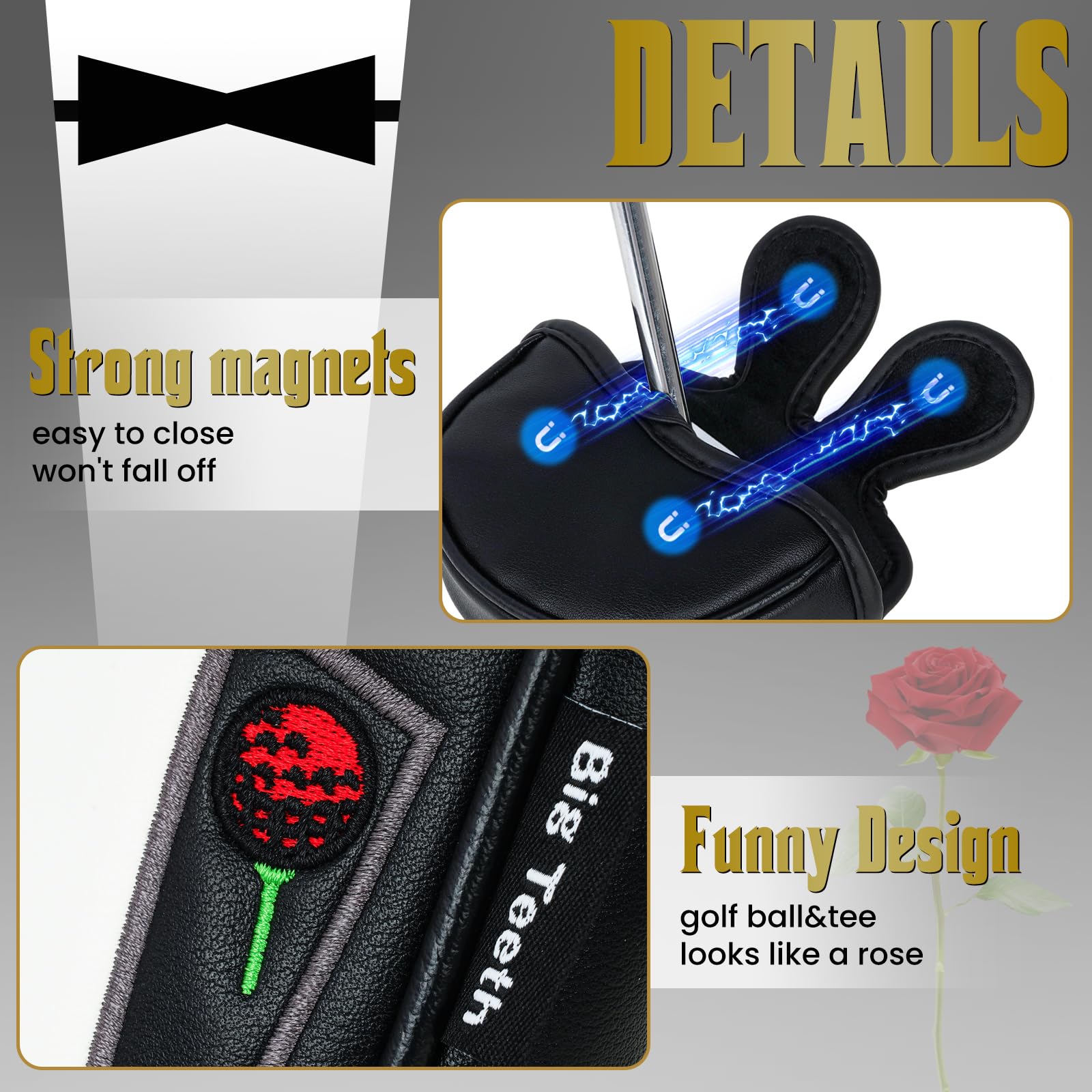 Golfschlägerhauben für Fahrer/Fairwayholz/Hybrid/1FH/Putter/Eisen/Handschuhe, Schwarz und Weiß, PU-Leder, Geschenk für den Golfvater