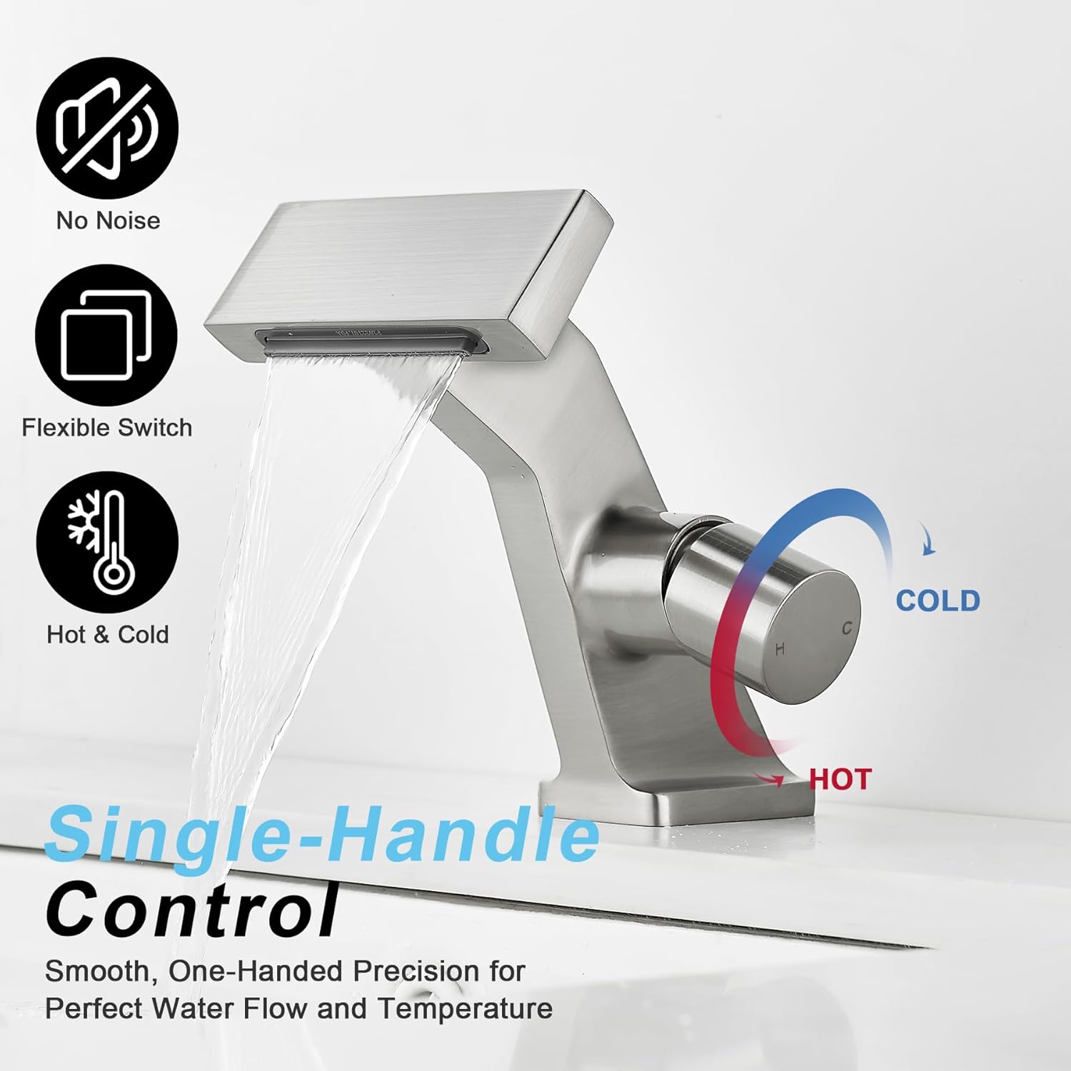 BAKALA Bathroom Sink Faucets Brushed Nickel, Waterfall Bathroom Faucet 1 Hole, Single Handle Brass Bathroom Faucet Deck Mount with 2 Supply Hoses for Basin Lavatory Vanity - Image 6