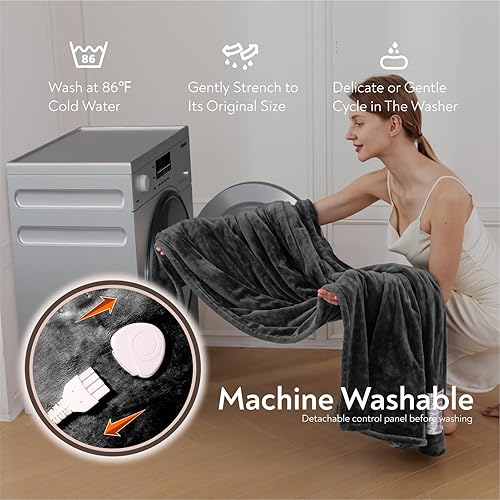 Miniatura 5 de Wapaneus - Manta térmica eléctrica con bolsillo para los pies, con 10 niveles de calefacción y apagado automático, de franela, 50 x 60 pulgadas,