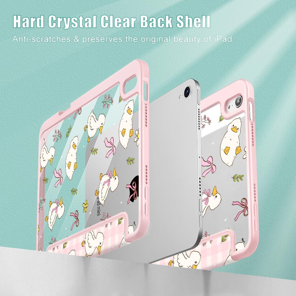for Slim Case for iPad mini 7 (A17 Pro, 7th Generation) 2024 / iPad mini 6 (6th Gen) 8.3 Inch, [Built-in Pencil Holder] Clear Back Shell + Auto Wake/Sleep, Duck & Bow