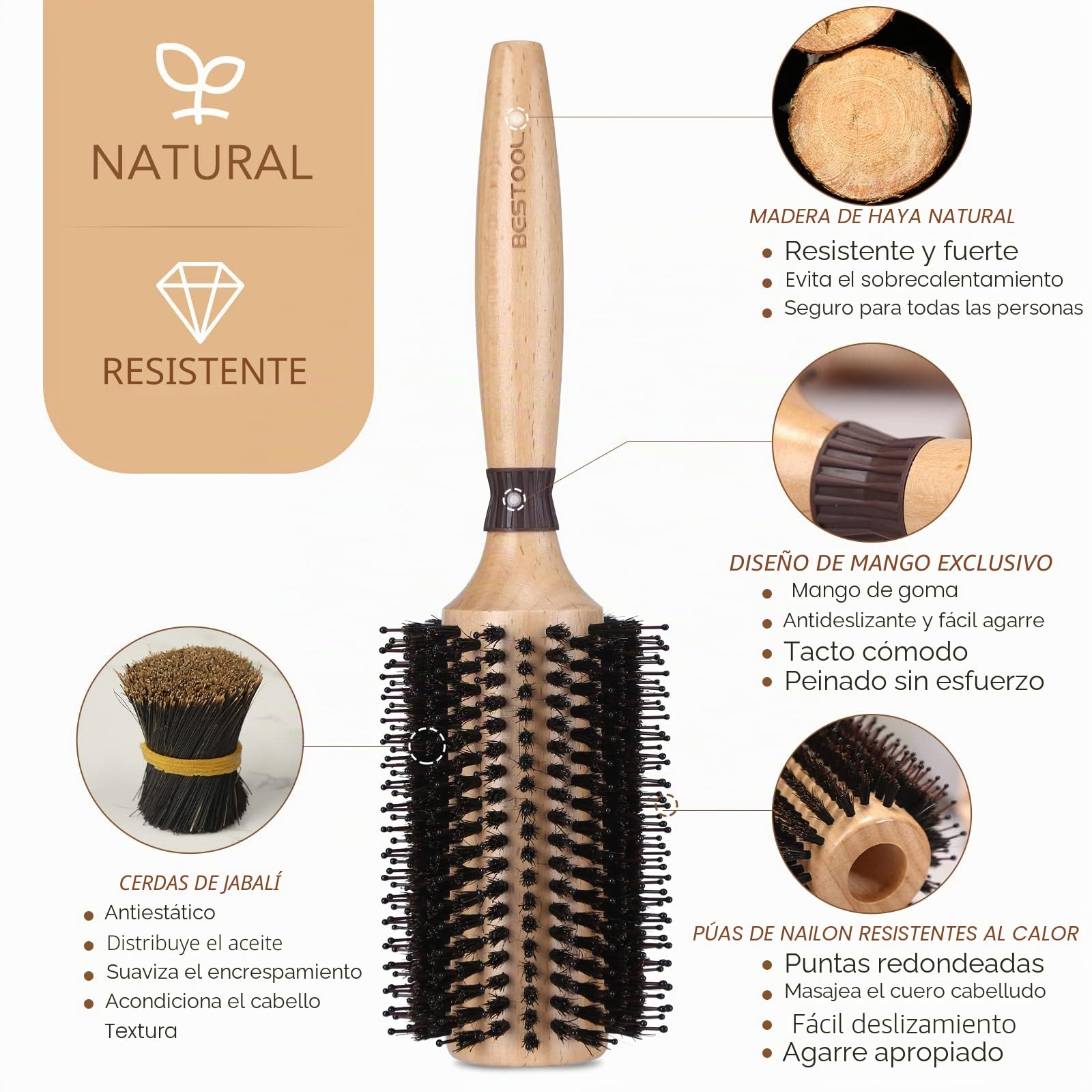 BESTOOL Cepillo redondo para secado, cerdas de jabalí con pasadores de nailon, profesional para mujeres y hombres, alisado, rizado, mejora la textura del cabello