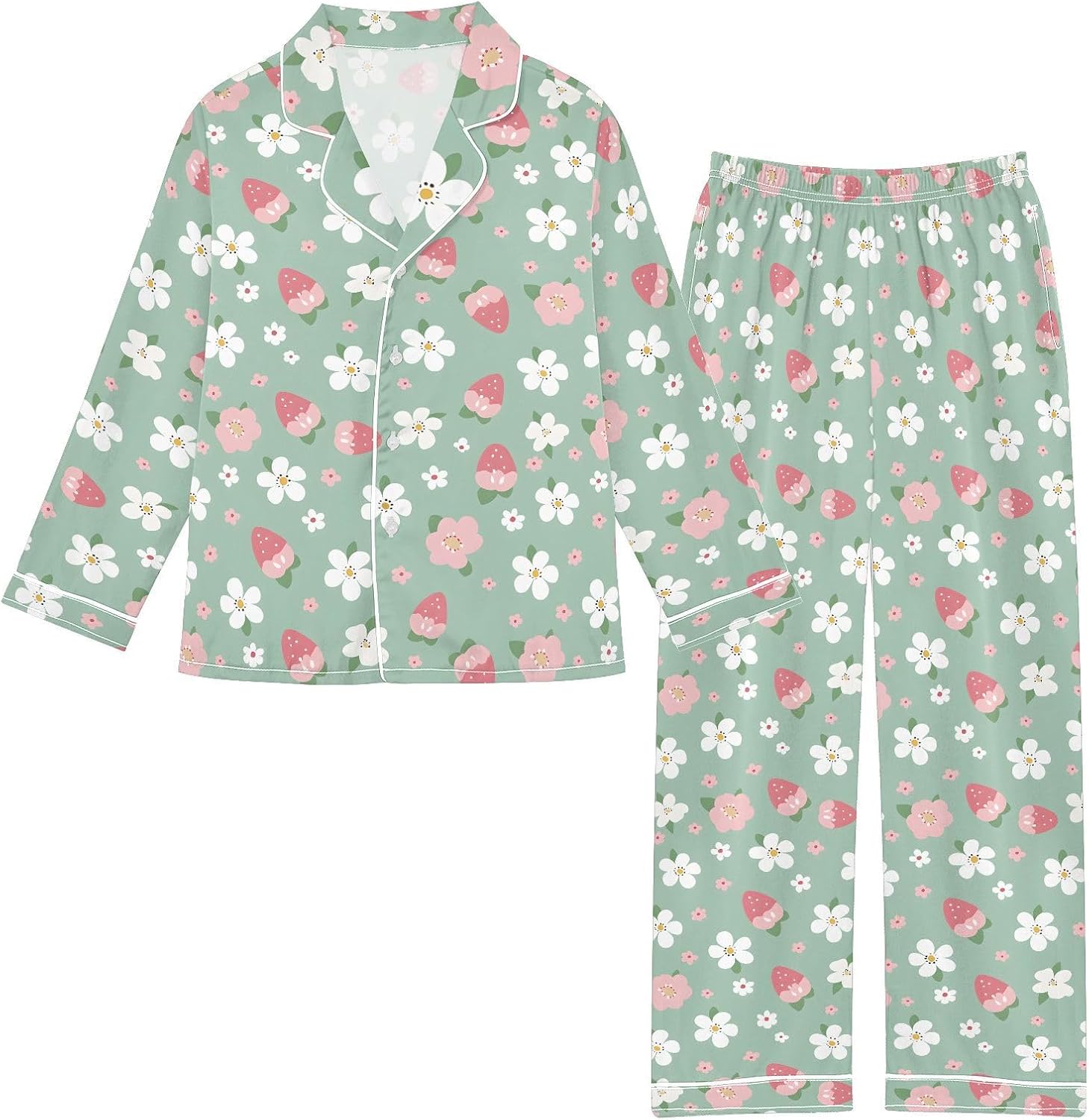 Strawberry with Daisy Flower Q Satin Pajama Sets Long Sleeves Nightwear Button Down Sleepwear