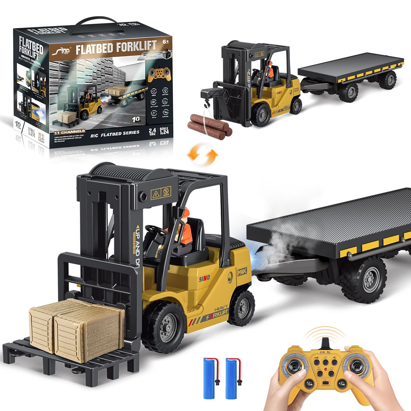 1:24 RC Forklift Truck with Trailer, Steam, Lights and Sounds, Crane Mode, 2 USB Rechargeable Batteries, RC Truck for Kids Ages 3+, Fun Gift for Birthday or Party