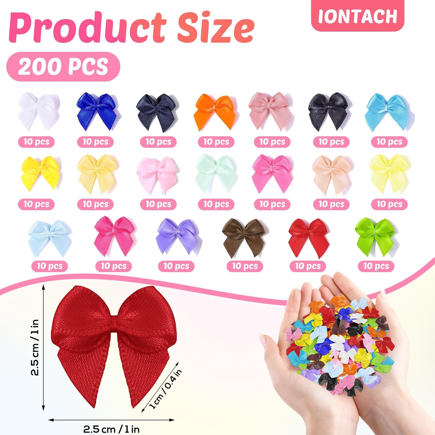 200pcs Mini Ribbon Bows for Crafts, 1" Small Satin Ribbon for Gift Wrapping, Sewing, Party Favors, Christmas Decor, DIY Cheer Pins Cards Hair Clips Tutu (Multicolor) - Image 3