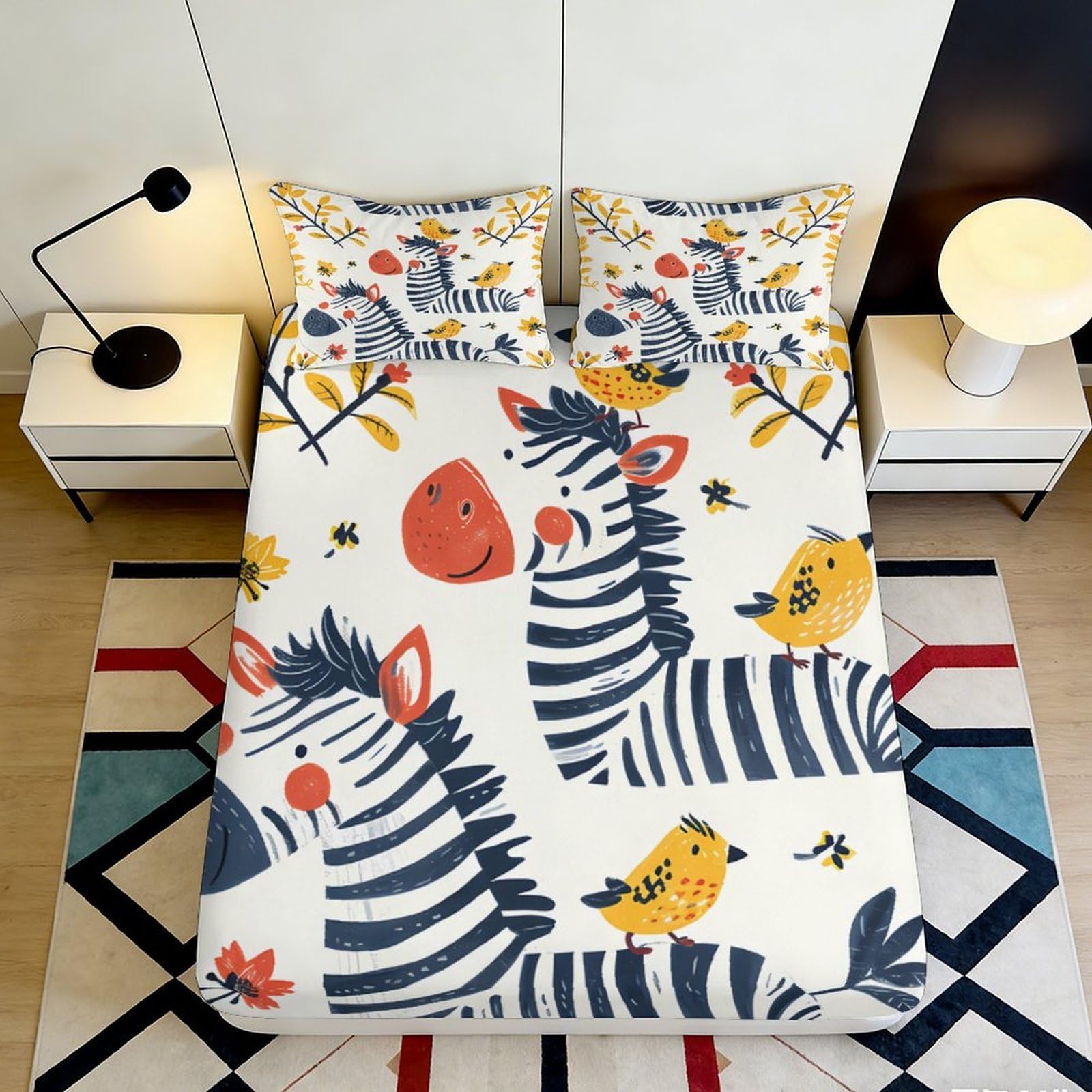 3D Printed vibrant zebra and bird Fitted Sheet, Microfiber soft touch, wrinkle resistant, apartment bedding, home decor for bedroom 160x200x25cm