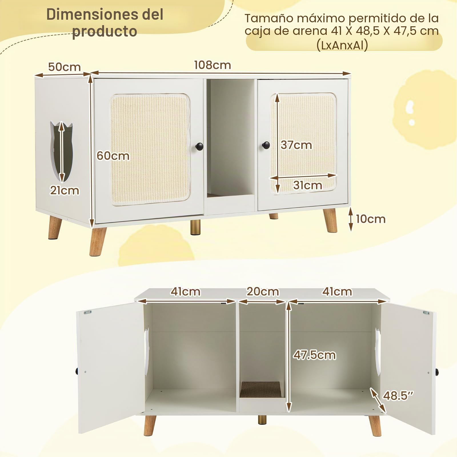 FANTASK Armario de Arena para Gatos, Armario con 2 Puertas y Tabla para rascar y 2 Alfombrillas rascadoras de sisal y Entrada, casa para 2 Gatos, Mesa Auxiliar, 108 x 50 x 60 cm (Blanco)