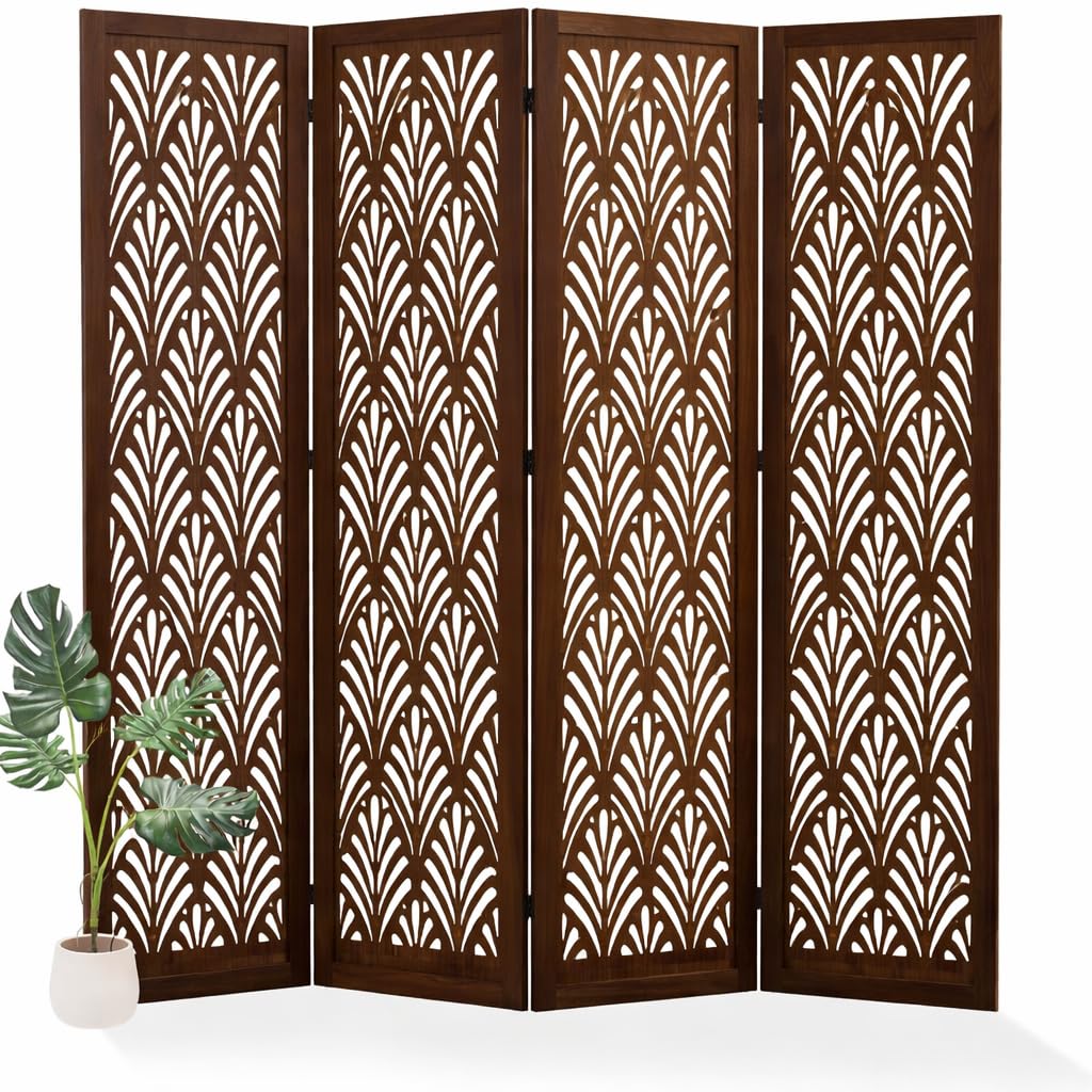 Wooden Living Partition Room Divider 4 Panel | Foldable Privacy Screen with Geometric Cut-Out Design | Pooja Room Partition for Living Room, Bedroom & Office (Dark Brown)-picture-17