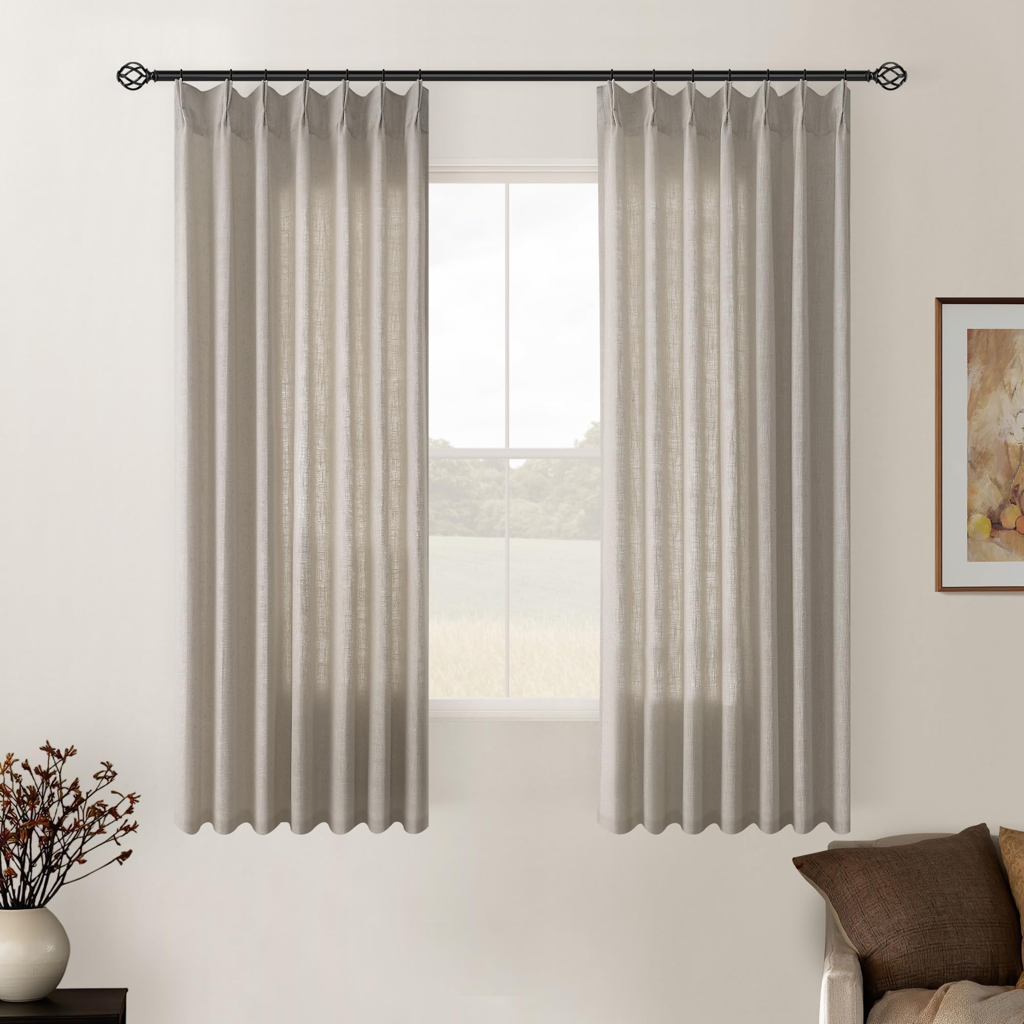 Burlywood Birch Pinch Pleated Linen Semi Sheer 54 Inch Curtains 2 Panels