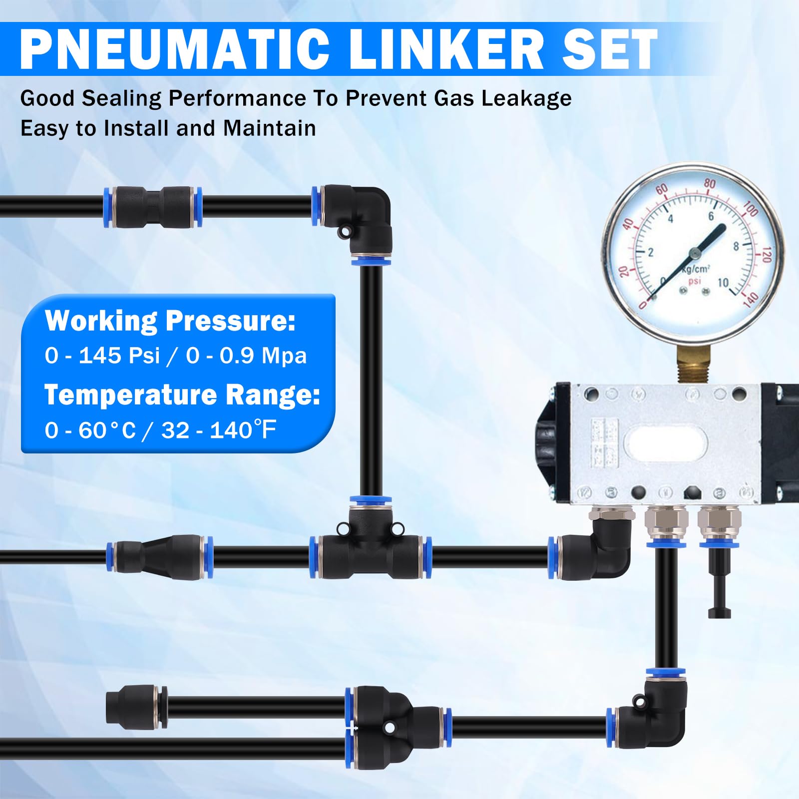 Kit di raccordi per linea aerea a connessione rapida, 123 pezzi, raccordi pneumatici a pressione pneumatica, raccordi per tubi dell'aria da 1/8", 1/4", 3/8", 1/2" Push to Connect e filettatura