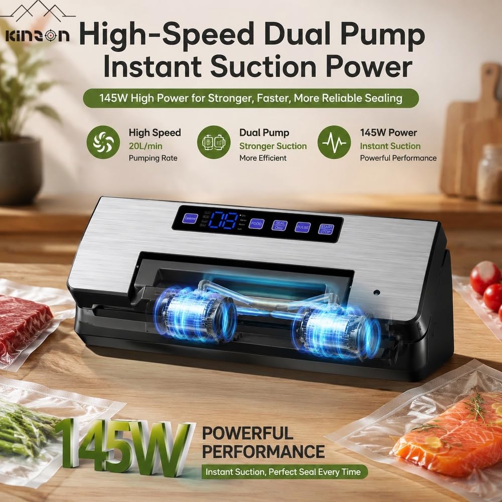 Máquina al vacío de alimentos - Bomba doble potente 100 kPa, modo seco y húmedo, fácil de usar, arranque automático tapa, bandeja de agua extraíble, bolsa y rollo incluido