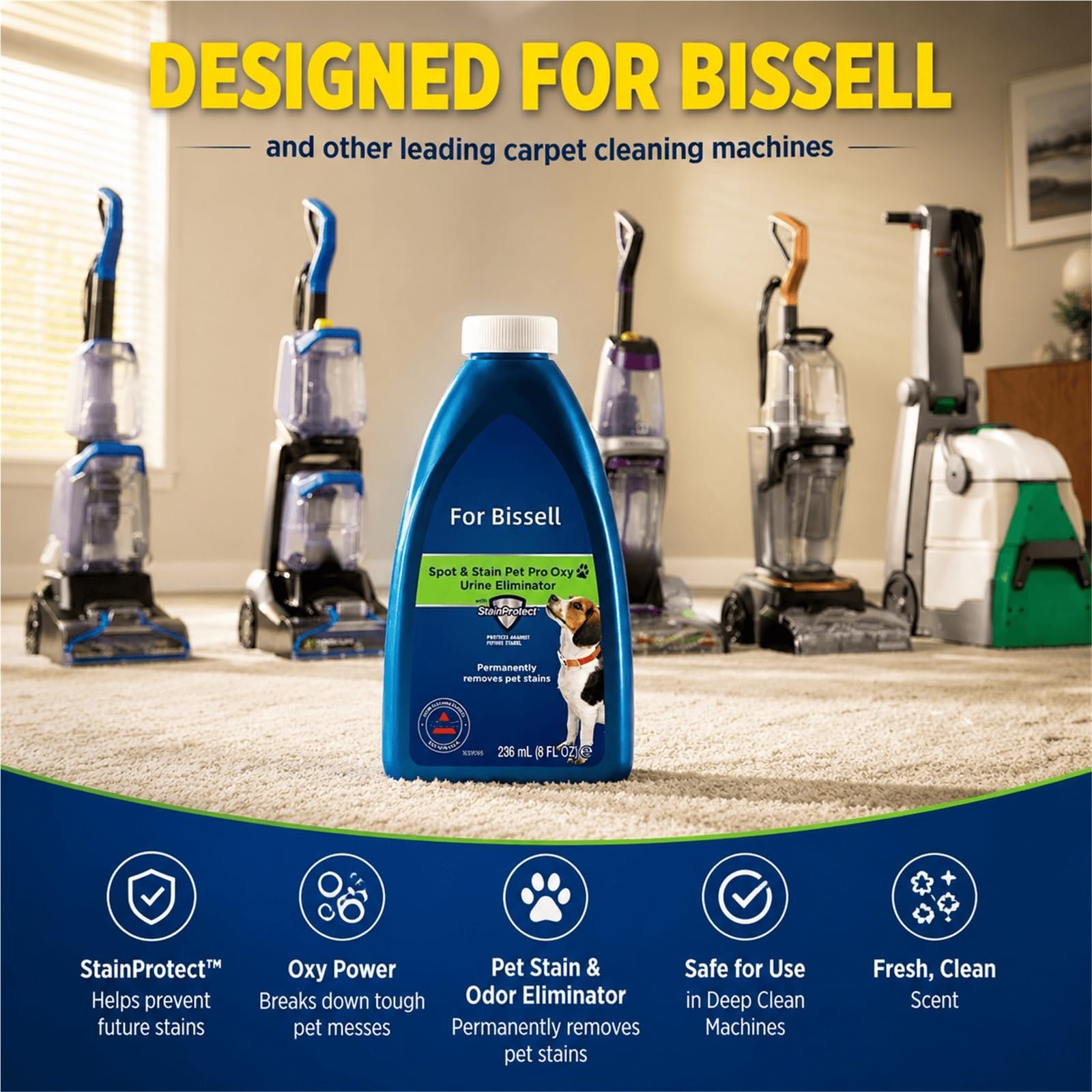 Compatible con Bissell Solución Limpiadora for Alfombras, Limpieza Profunda, Eliminador Eficaz de Olores a Mascotas, 5 Frasco, 236ml