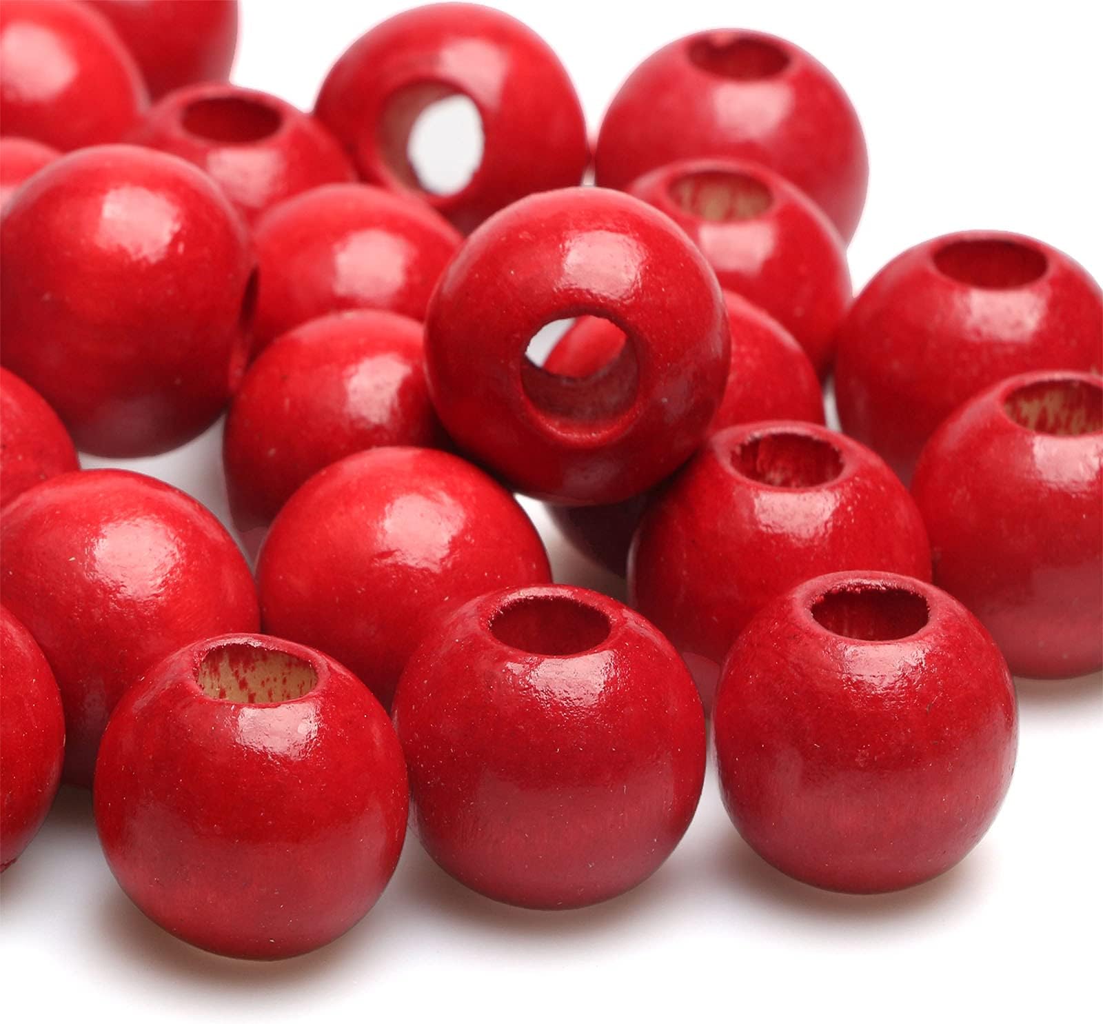 50 Wooden Macrame Beads with Large Hole, 20mm Red Wood Spacer Loose Beads for Craft/Macrame Projects/Farmhouse Garland/Christmas Tree Holiday Decoration