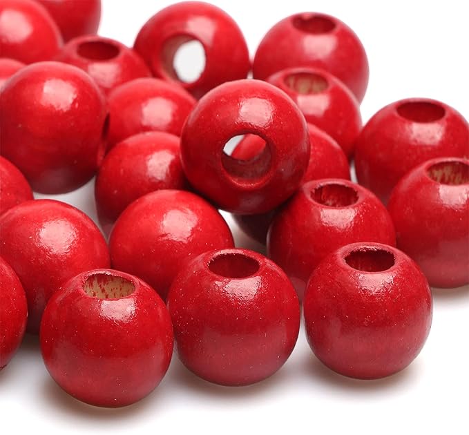 50 Wooden Macrame Beads with Large Hole, 20mm Red Wood Spacer Loose
