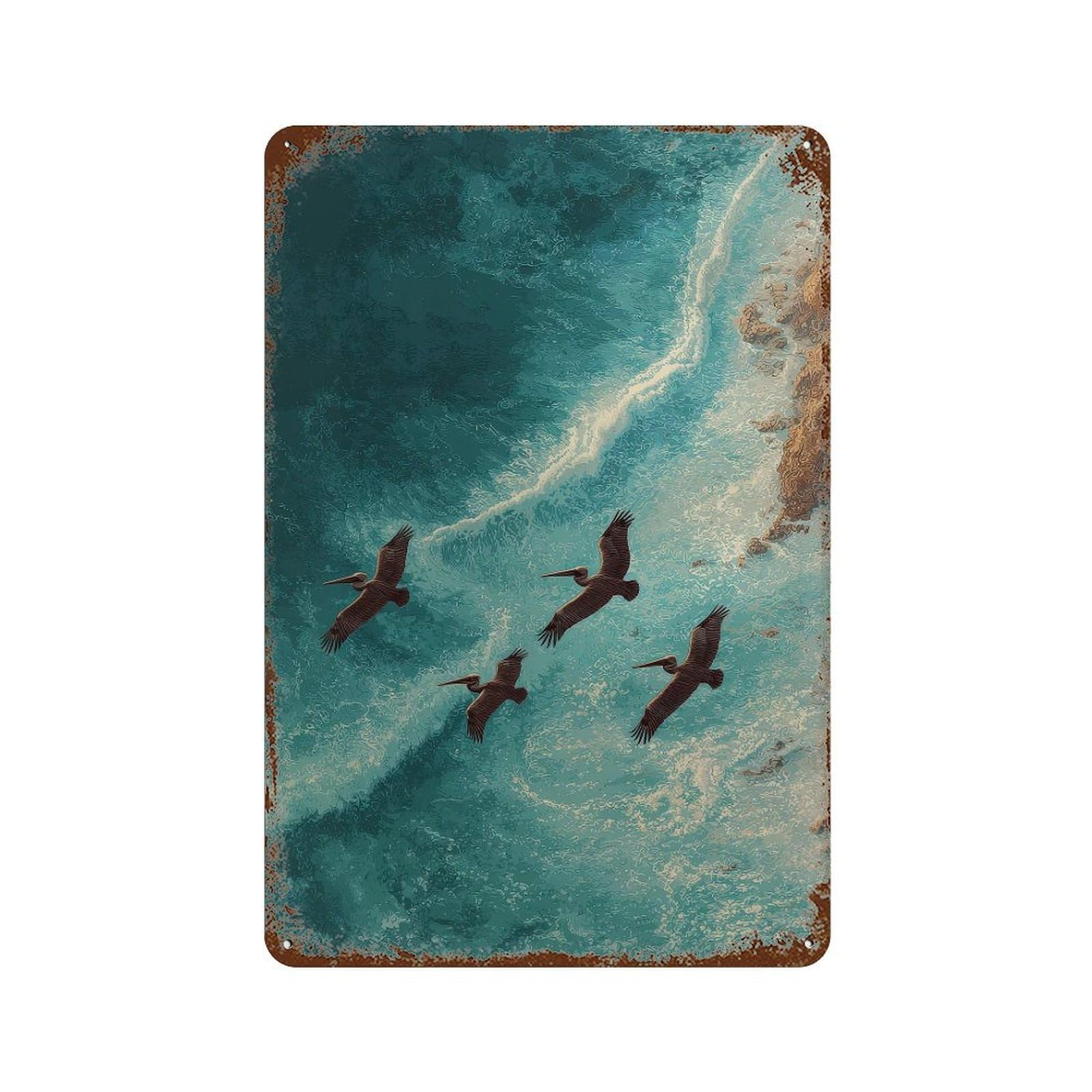 xiaoxiaoshen Pelicans Flying Over Ocean. Coastal Seascape Wall Decor Art Metal Tin Poster Modern Home Decor Art Home Bar Shop Decorations Vintage Sign 30x20cm