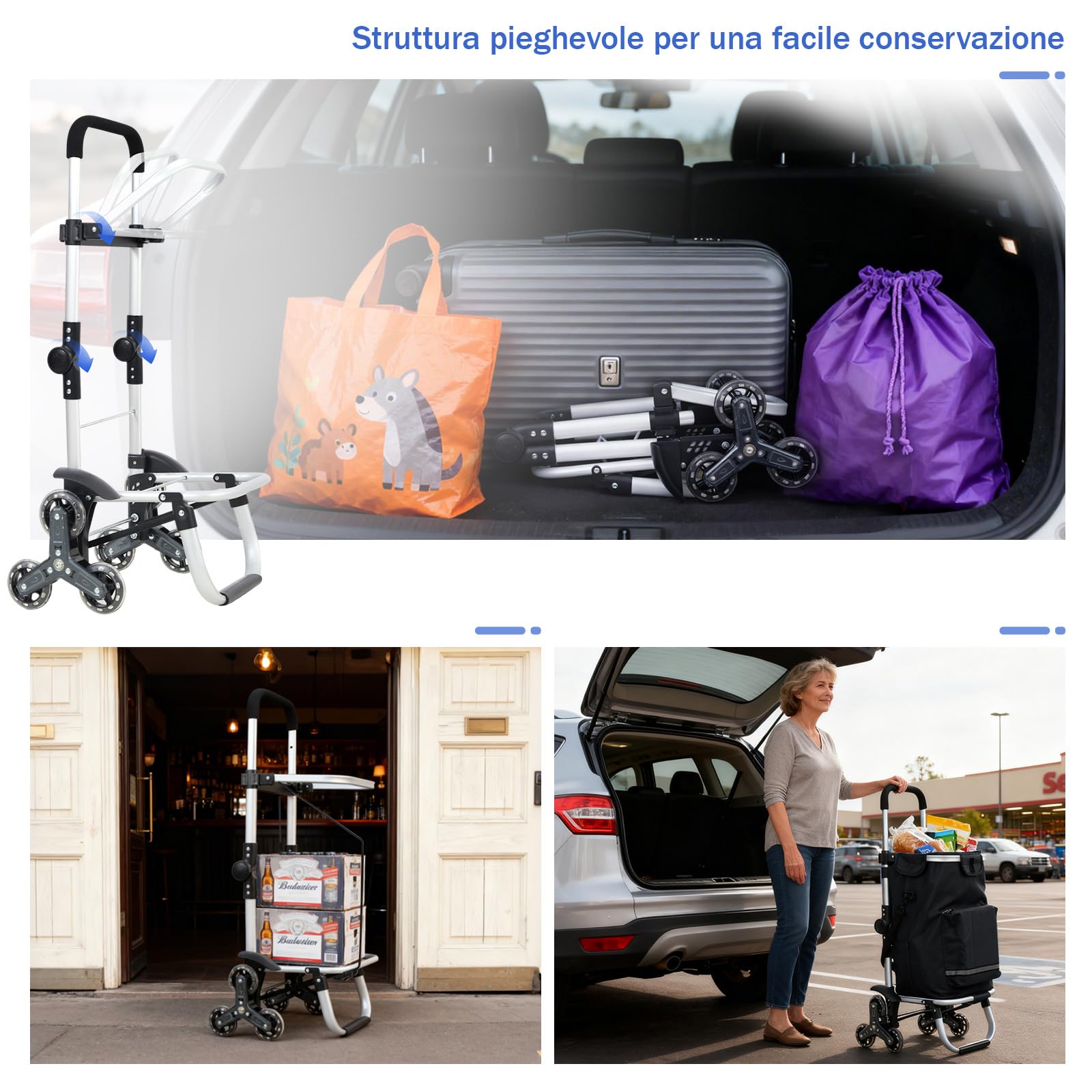 Sekey Carrello della Spesa Pieghevole con Funzione Saliscale, Carrello 3 in 1 con Borsa a Tracolla e 3 Ruote, Trolley e Carrello Impermeabile Ideale per la Spesa e il Campeggio – Nero