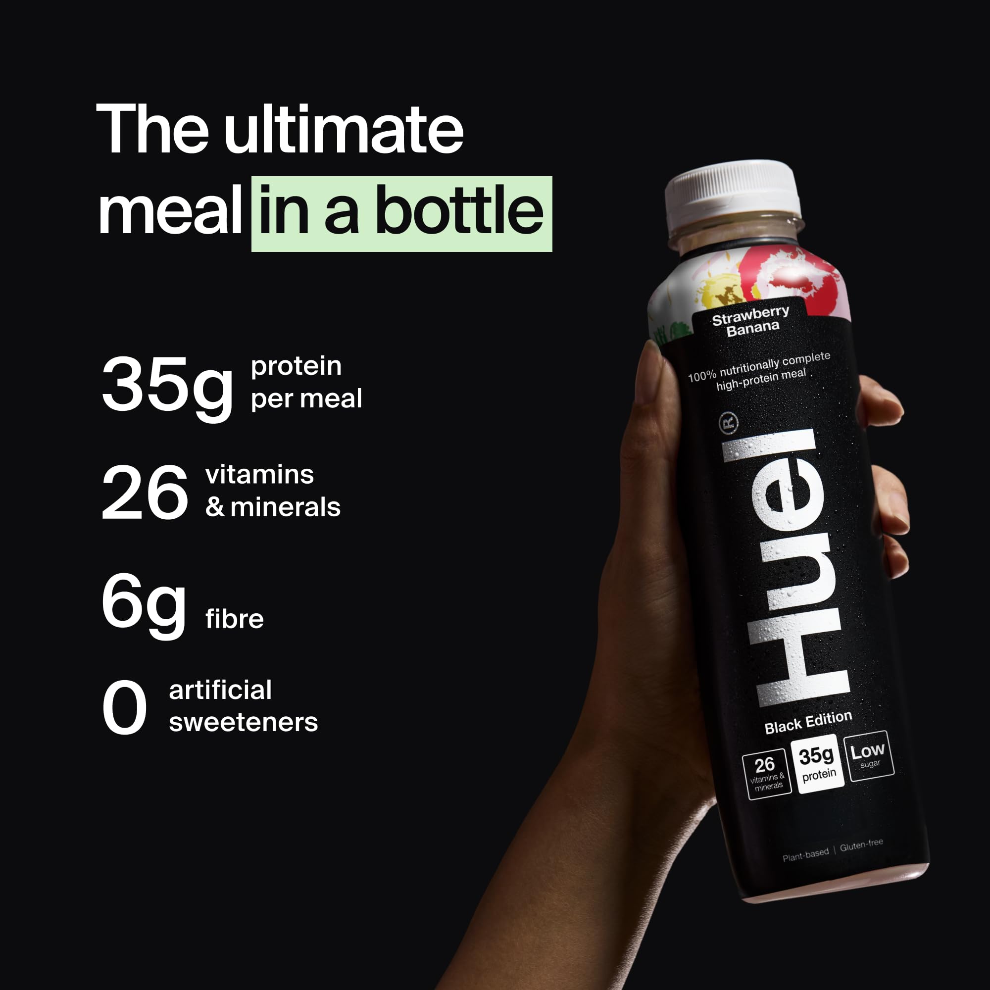 Huel Black Edition Prêt-à-boire, 8 bouteilles de 500 ml, Shakes protéinés, saveur fraise et banane, boisson riche en protéines, 35 g de protéines par bouteille, riche en vitamine D, acides gras